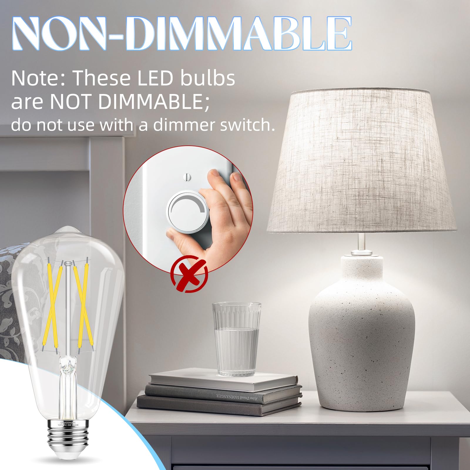 Gvvoohome Edison Bulbs 60 Watt Led, E26 Bulb Non-Dimmable, Cool White 4000K, St58 Vintage Light Bulbs, 90+ Cri, 6W 600Lm, E26 Me