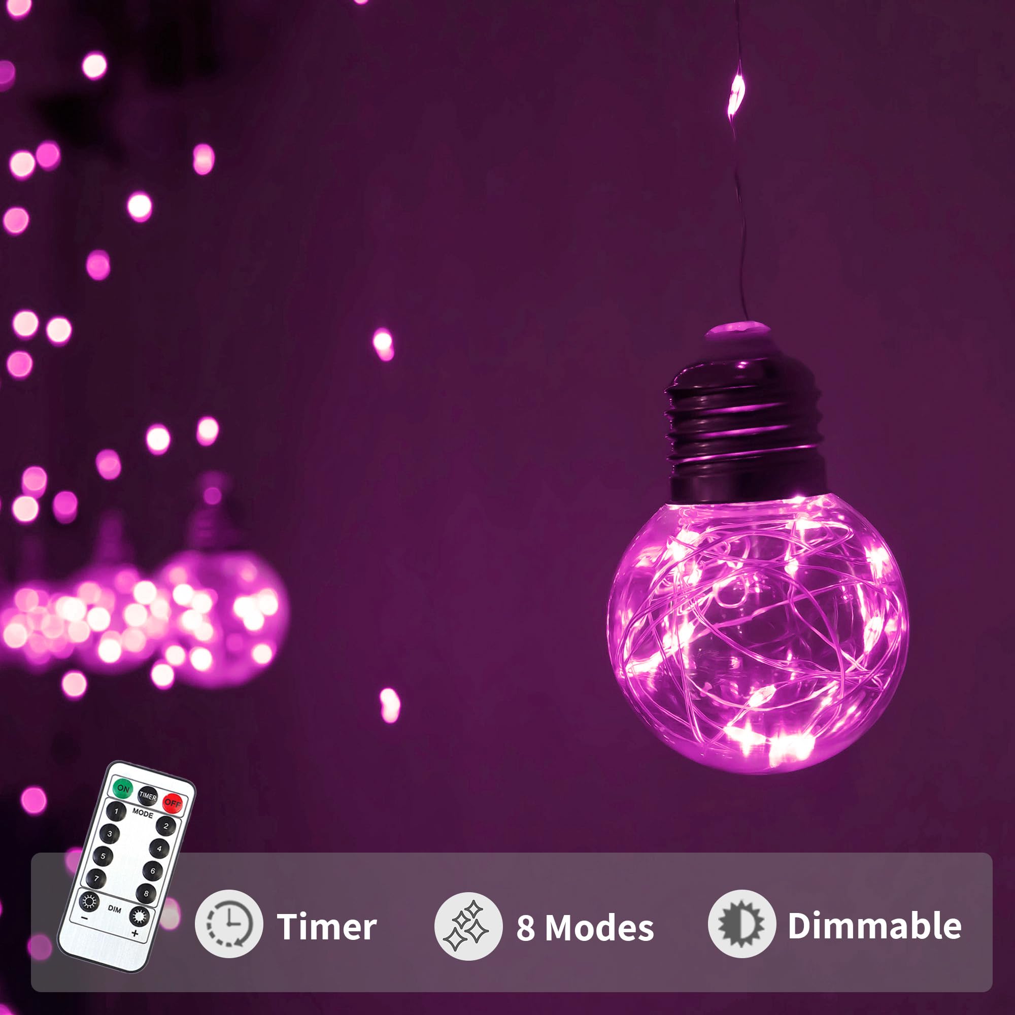 Yolight Wishing Ball Curtain Lights 200 Led Window Curtain String Lights With Remote, Usb Battery Powered Twinkle Globe Fairy Lights For Wedding Party Bedroom Christmas Decoration (Pink)