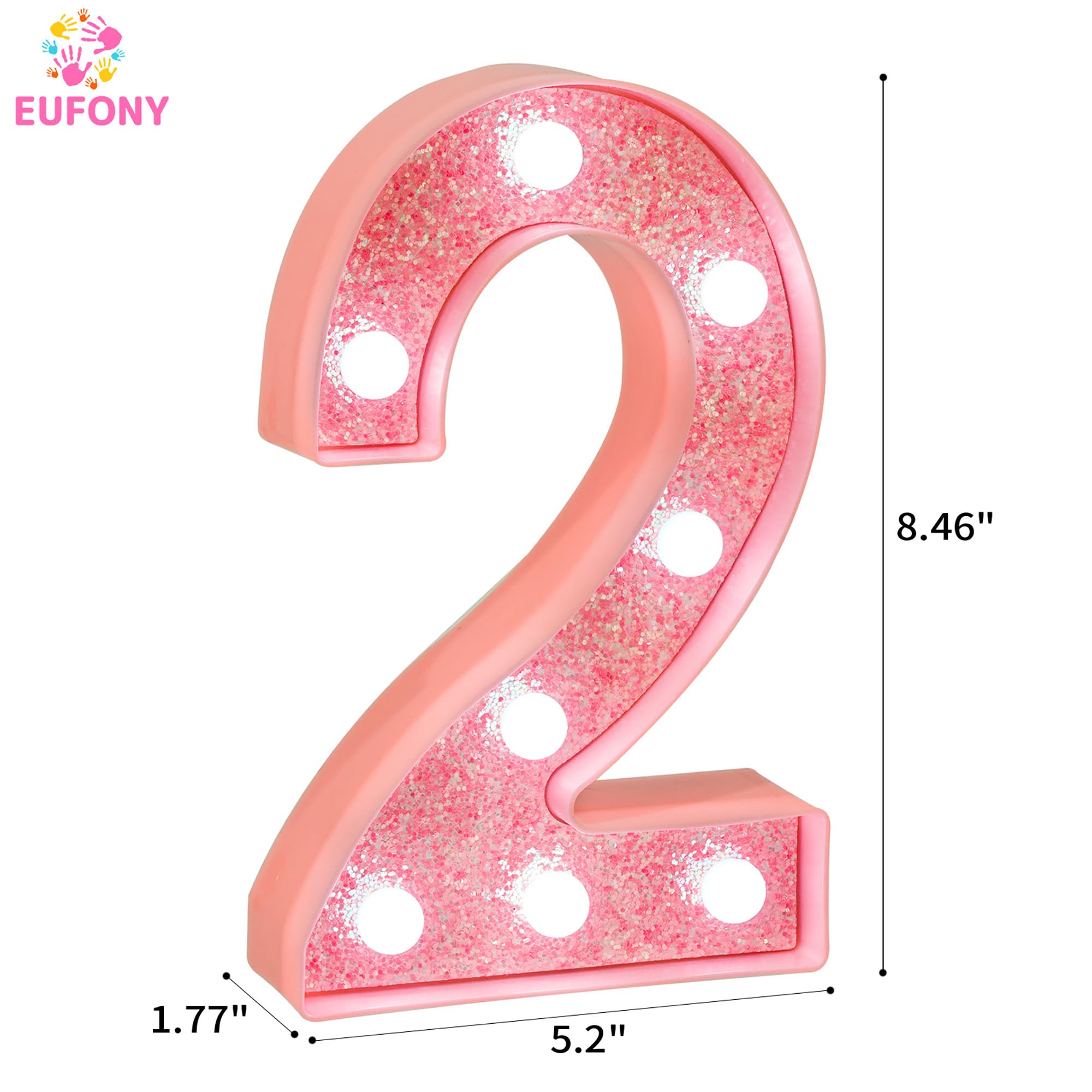 EUFONY Pink Glitter LED Marquee Light Up Number 2 with Cool White Lights, Battery-Powered Numbers sign for Girls Birthday Party