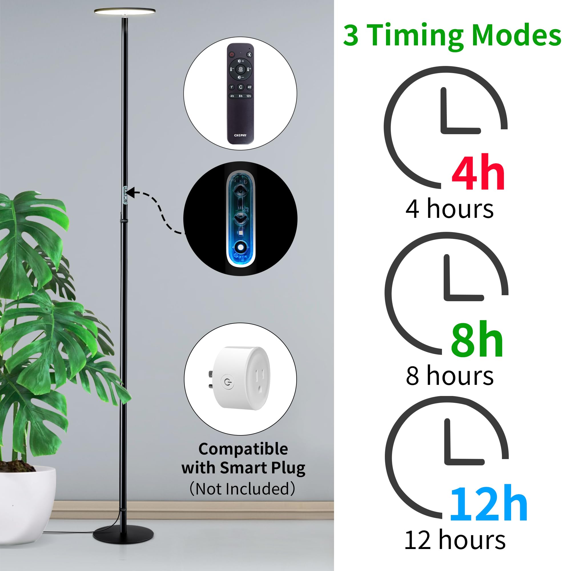 chiphy Grow Lights 85" Full Spectrum Indoor Plant Light, 60W, Black, Timer & Remote, Adjustable Height, Model RF06-002-BK(A)
