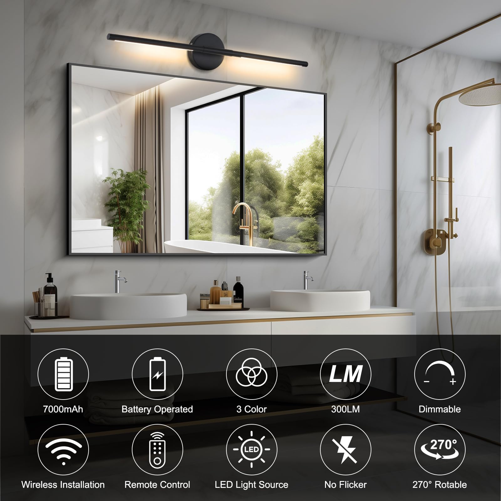 Hojoyri Wireless Battery Operated Wall Sconces With Remote, Black Rechargeable Led Wall Lights Set Of Two, Cordless Dimmable Bat