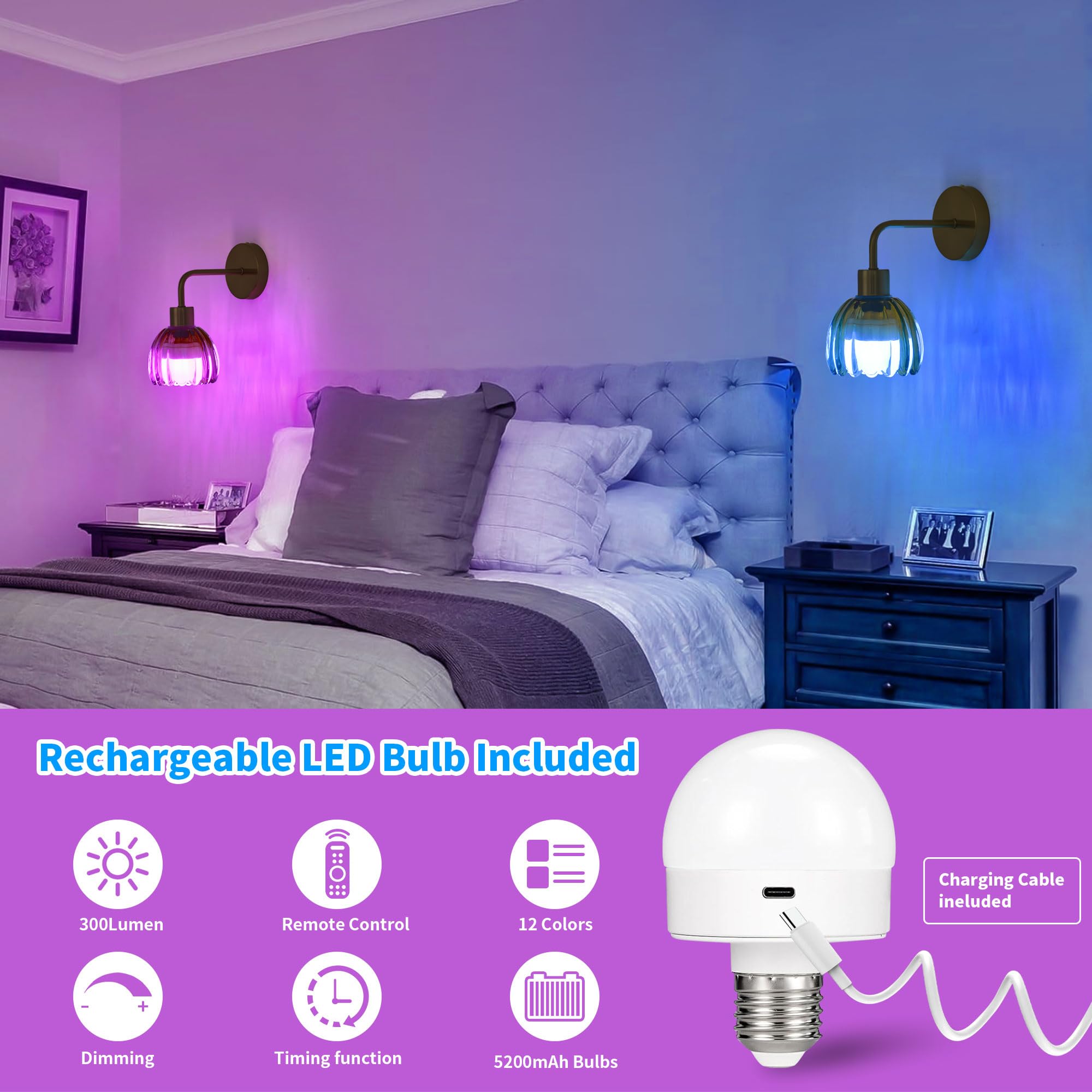 Gold Battery Operated Wall Sconces Set Of Two 2,Wireless Rechargeable Wall Sconce With Remote,Indoor Vintage Wall Lamp With Glas