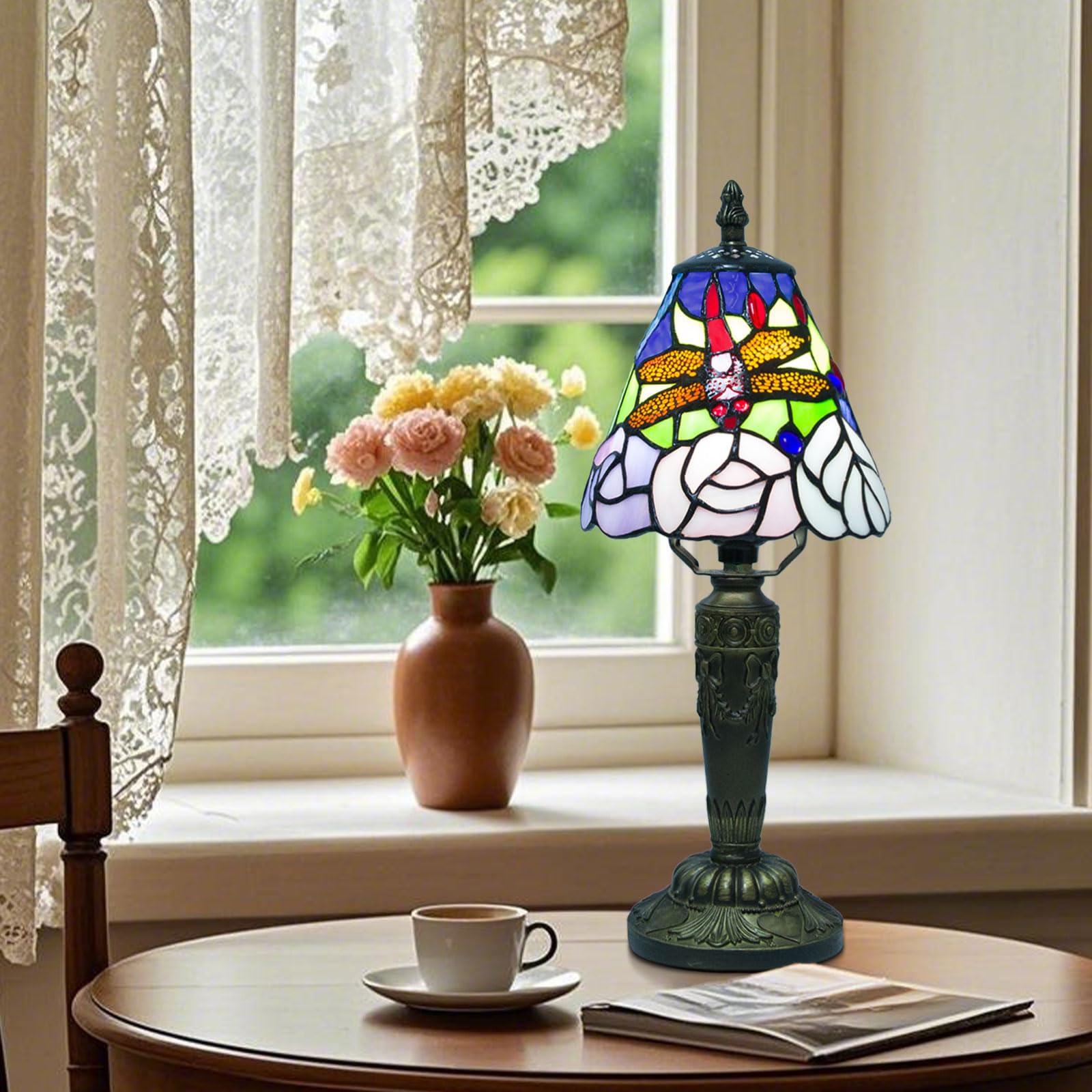 Ppbmocw Mini Tiffany Lamp  6 Inch Stained Table Glass Table Lamp Included 3 Color Temperatures Dimmable E26 Bulbs for Bedside  Bedroom  Nightstand  Living Room (Dragonfly Skimming The Water)