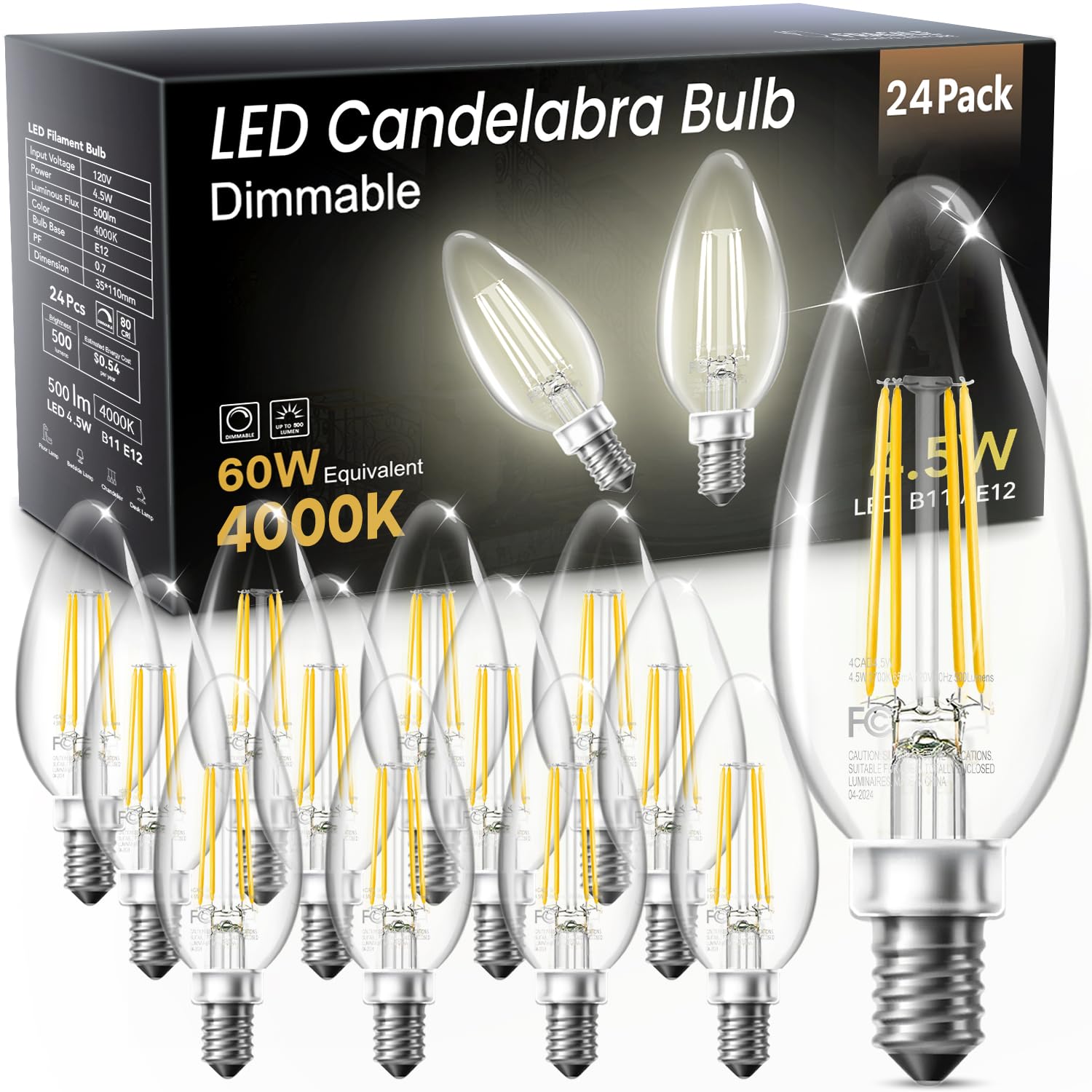 TJOY LED Candelabra Bulbs Dimmable  60W Equivalent Chandelier Light Bulb  E12 Small Base  4.5W 4000K Natural Daylight White  B11 Vintage Filament Glass Candle Light for Ceiling Fan Chandeliers  12Pack