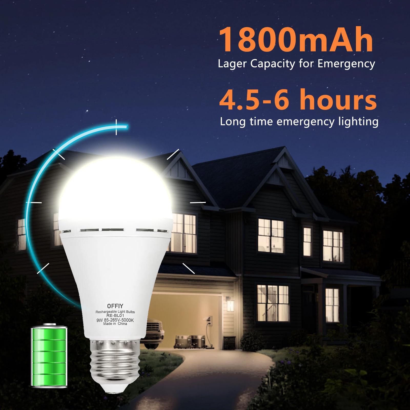 Offiy Emergency Light Bulbs, 1800Mah High-Capacity Battery For Longer Emergency Time, 9W,750Lm,5000K Rechargeable Light Bulbs Fo