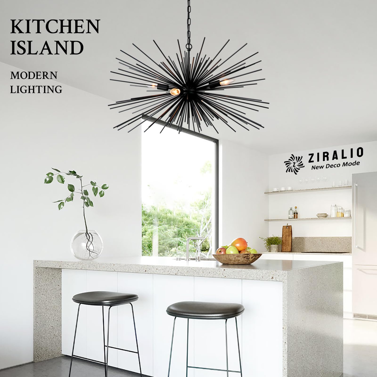 Ziralio Black Sputnik Chandelier Vintage 9-Lights Geometric Starburst Chandelier Light Fixture Modern Black Firework Chandelier