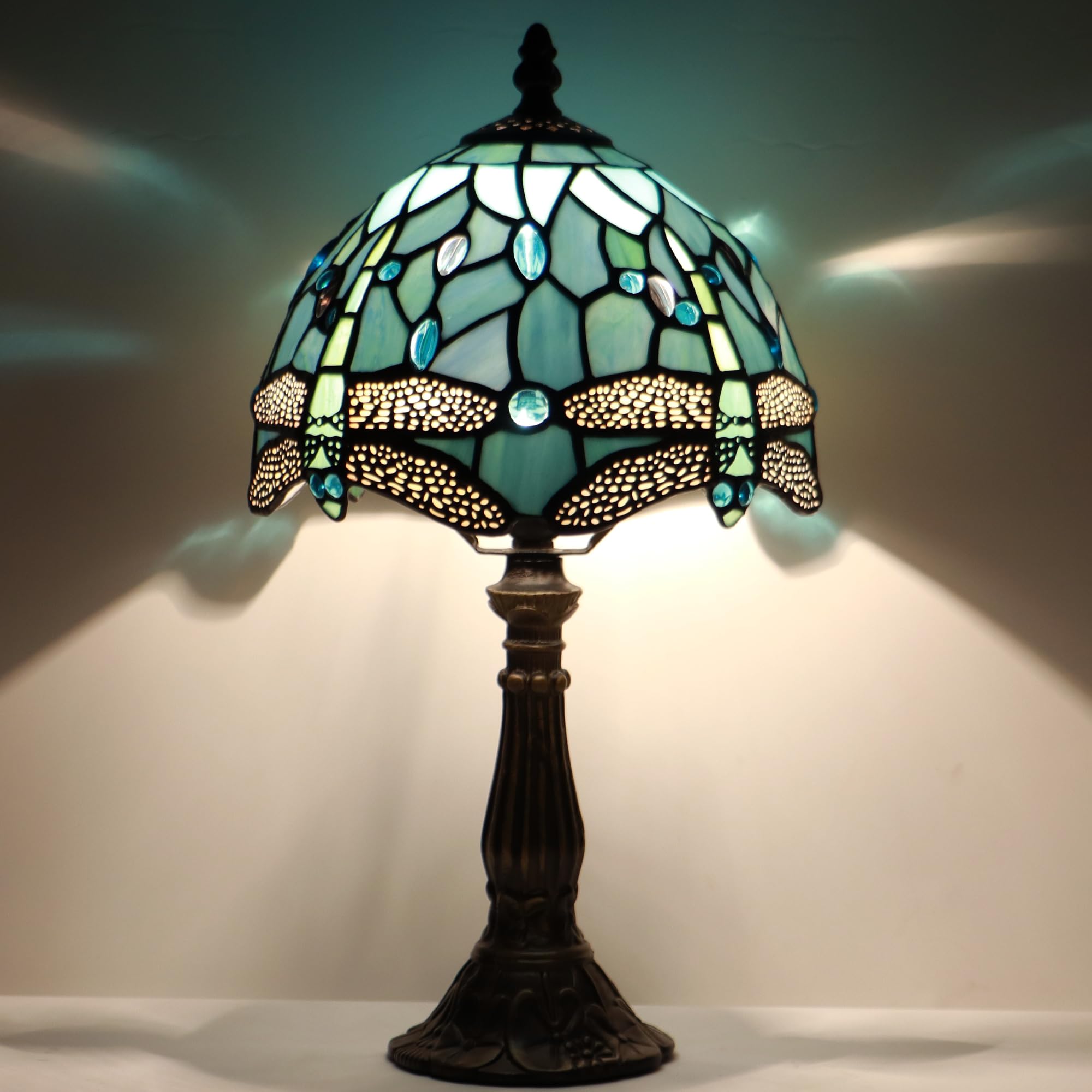 HZYFFYU Small Stained Glass Table Lamp Mini Stained Glass Lamp Memory Sympathy Desk Reading Light 8X14 Inch (Sea Blue Dragonfly)