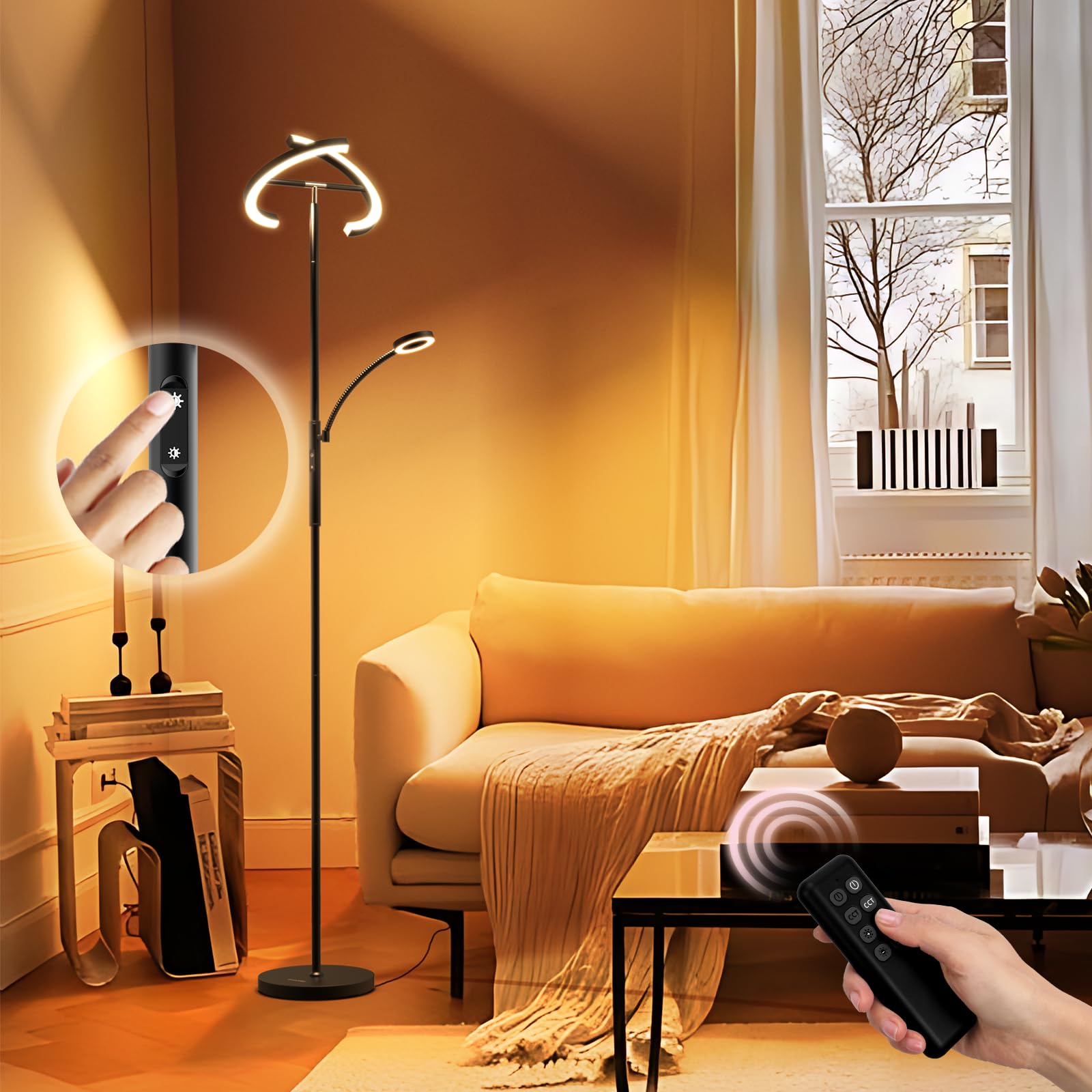 FIMEI Modern LED Floor Lamp, Rotatable Design, Eye-Protection Reading Light, 3000K-6000K, Black, Model MF18813