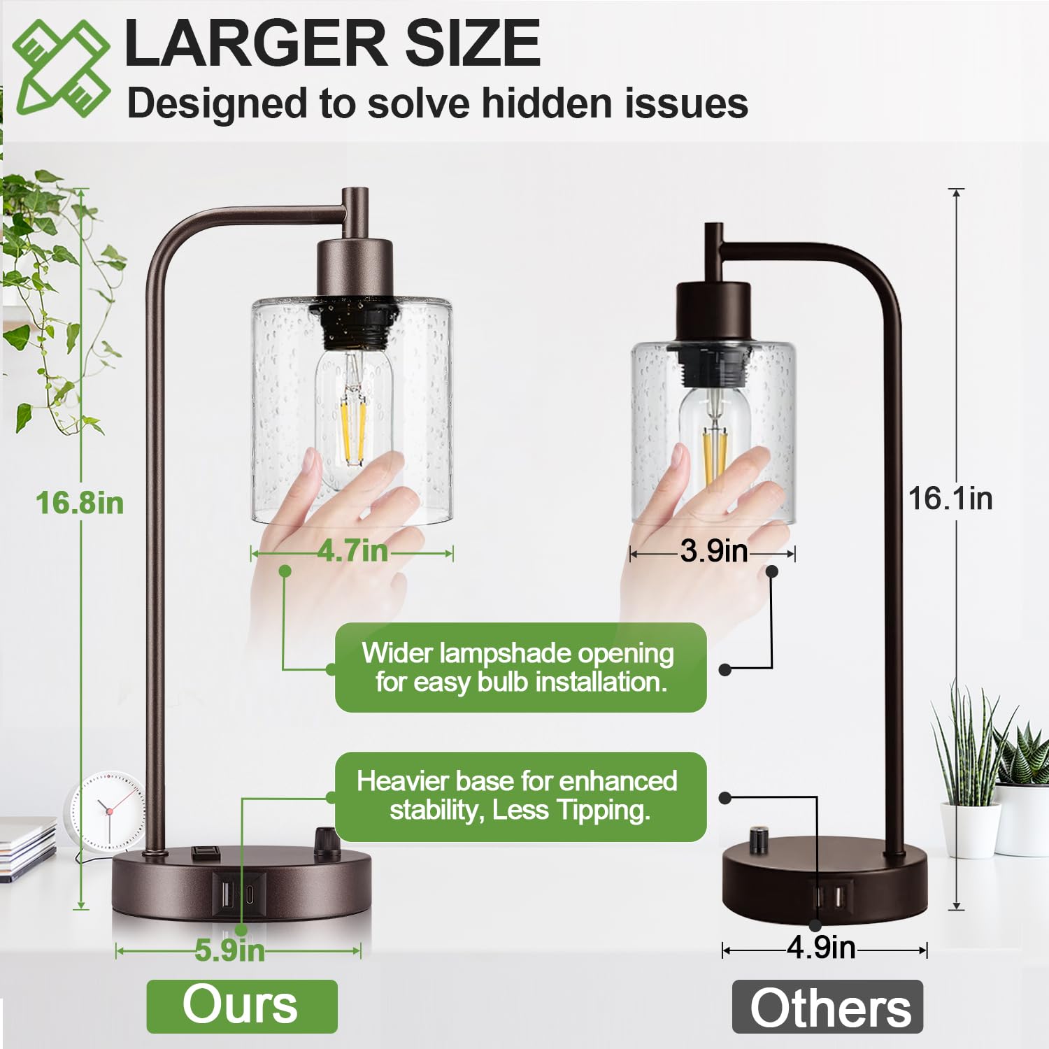 Set Of 2 Oil Rubbed Bronze Table Lamps With 2 Usb Port, Fully Stepless Dimmable Bedside Lamps For Bedrooms, Industrial Nightstan