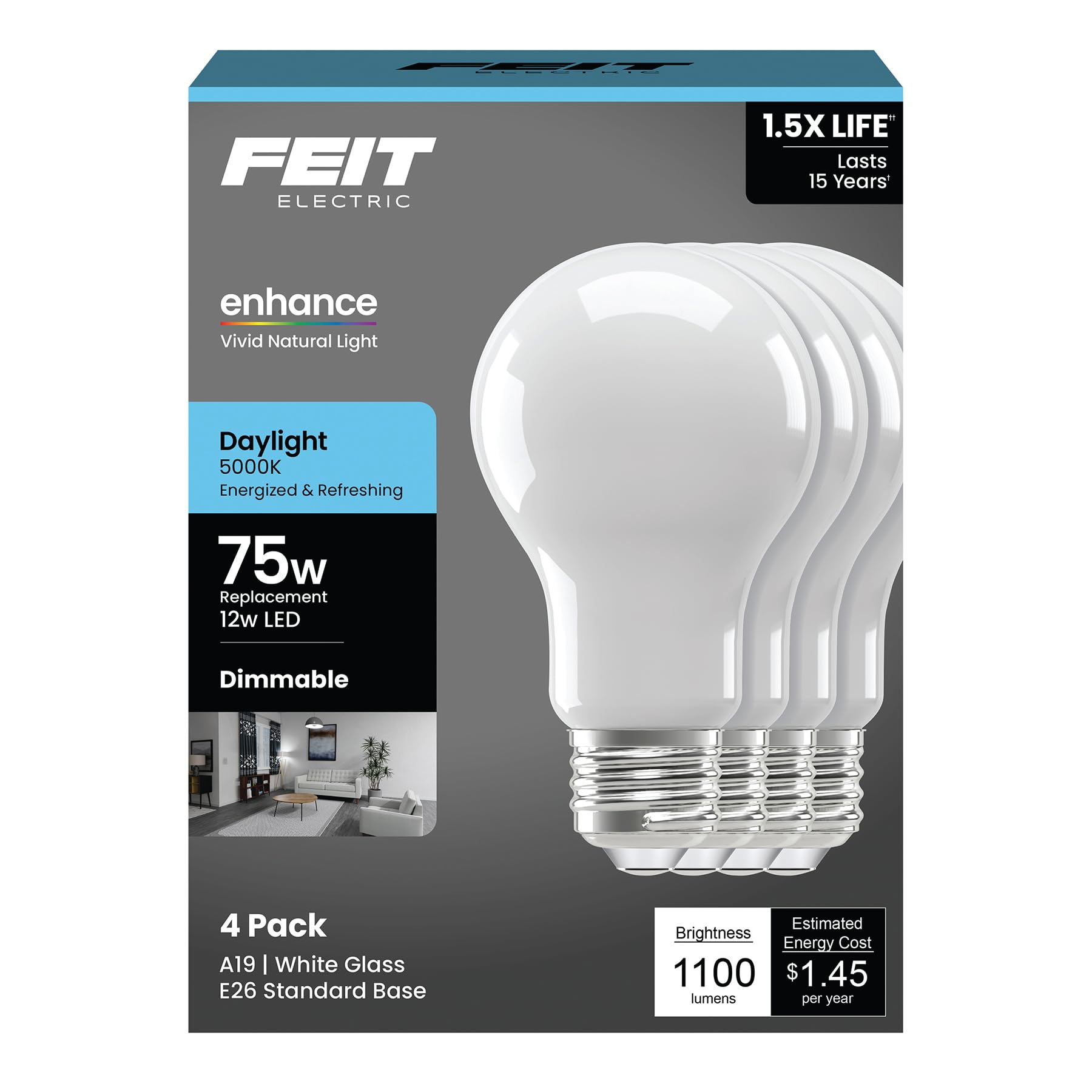 Feit Electric A19 LED Light Bulb, 75W Equivalent, 5000K Daylight, Dimmable, 1100 Lumens, 12W, E26 Base, 90+ CRI, General Purpose