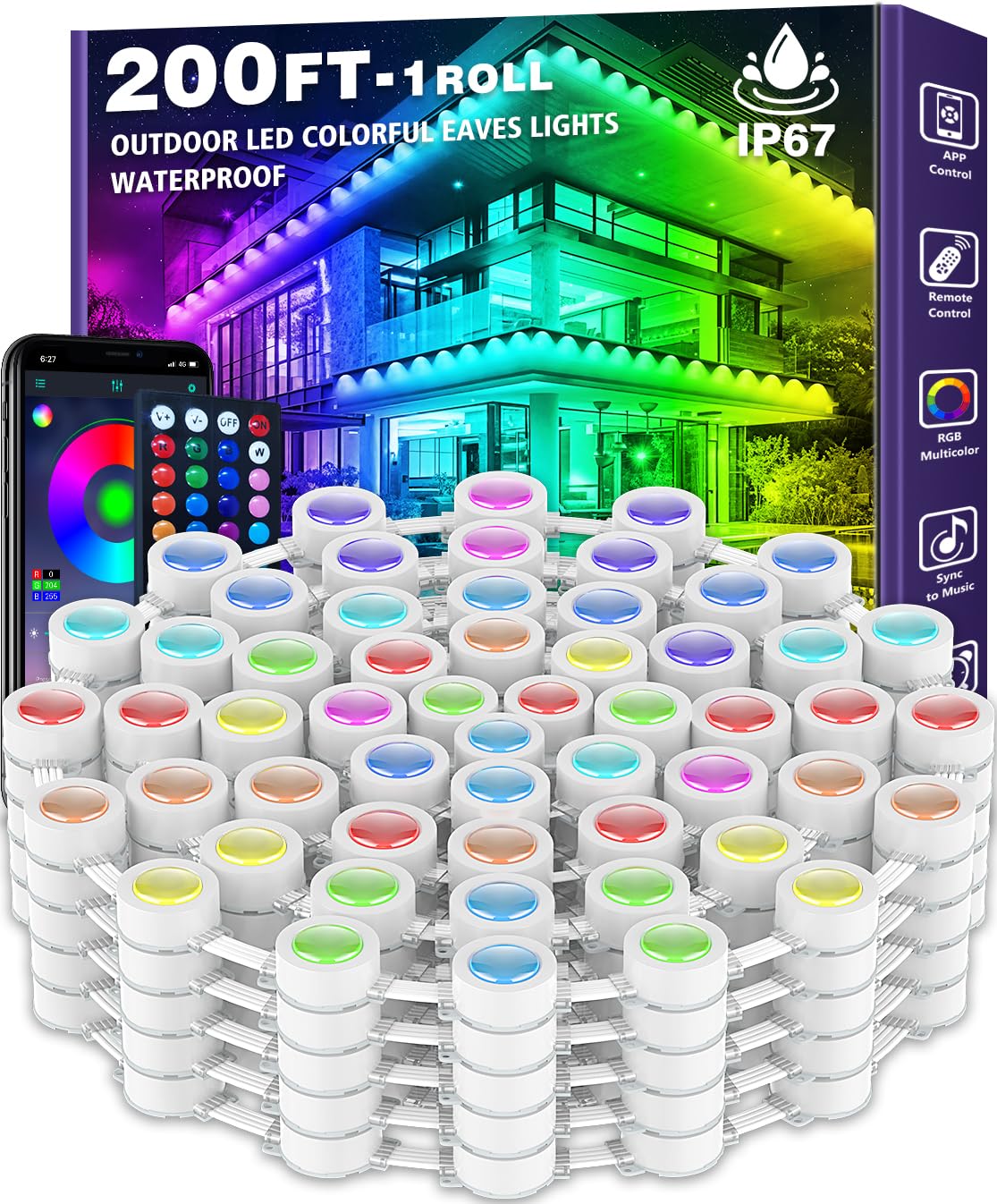 200FT Permanent Outdoor RGB Lights,IP67 Waterproof Smart LED Eaves Lights with App/Remote Control,for Christmas and All Holiday 