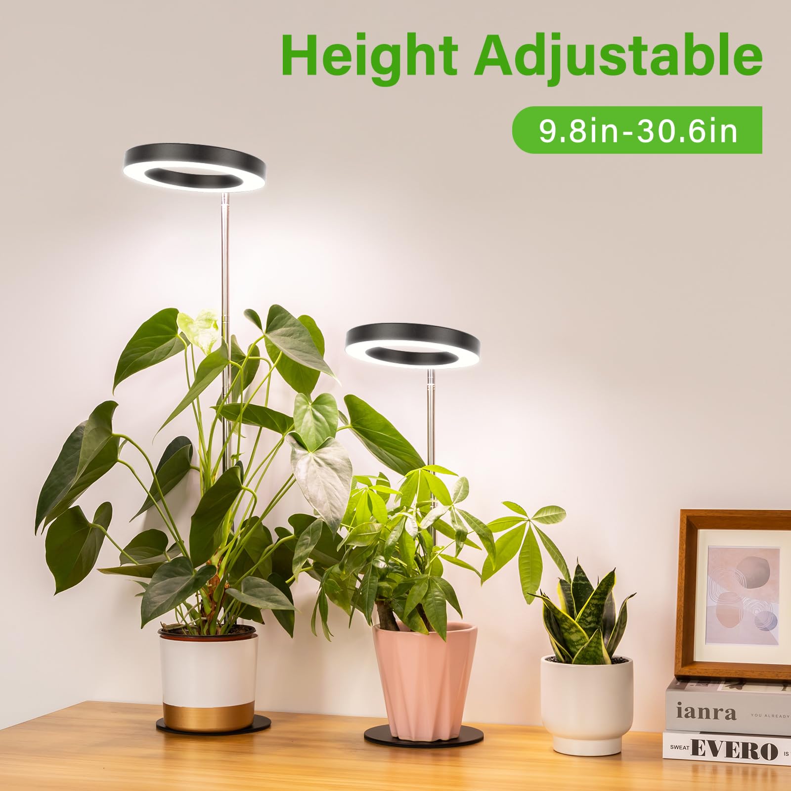 LORDEM LED Grow Light for Indoor Plants, Full Spectrum, 2 Pack, Height Adjustable 9.8"-30.6", Black, Automatic Timer, 4 Dimmable Levels