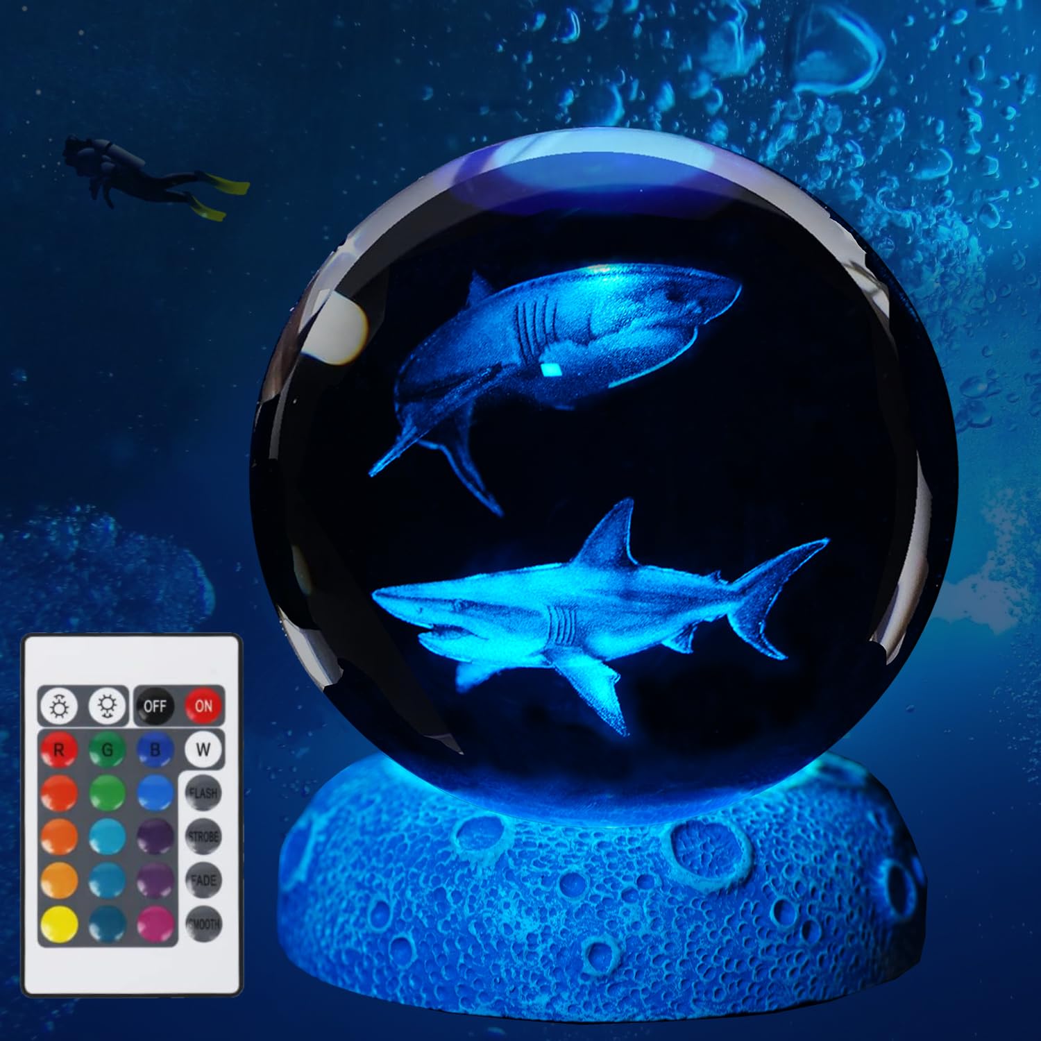 POSSHE Shark Night Light, 3D Crystal Ball Shark Lamp, Underwater Gifts with 16 Color Remote Upgraded 3.15 Inch Ball for Room Dec