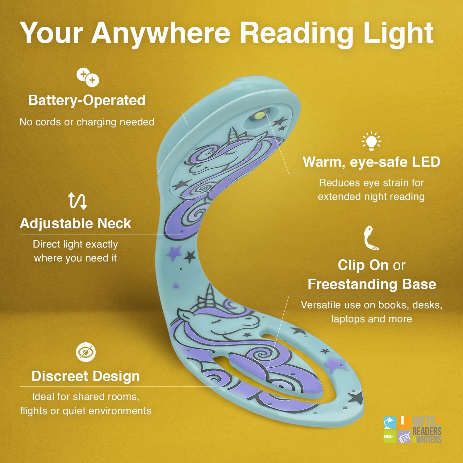 Gifts for Readers & Writers Flexilight Bookmark LED Reading Light | Battery Operated Unicorn | 2 in 1 Clip-On Lamp for Kids and Adults
