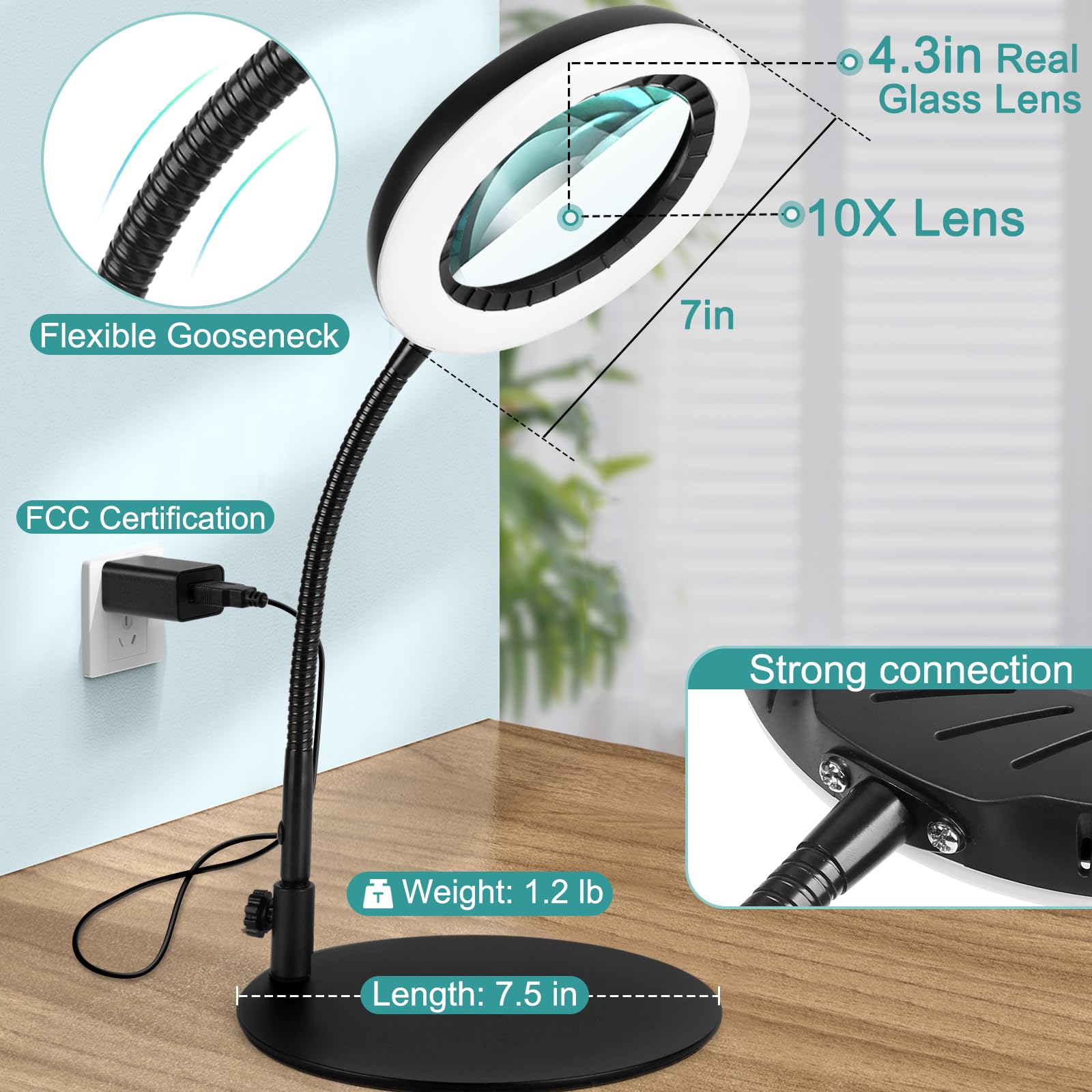 Coteck 10X Magnifying Glass With Light And Stand, Flexible Gooseneck Magnifying Desk Lamp, 5 Color Modes Stepless Dimmable, Hand