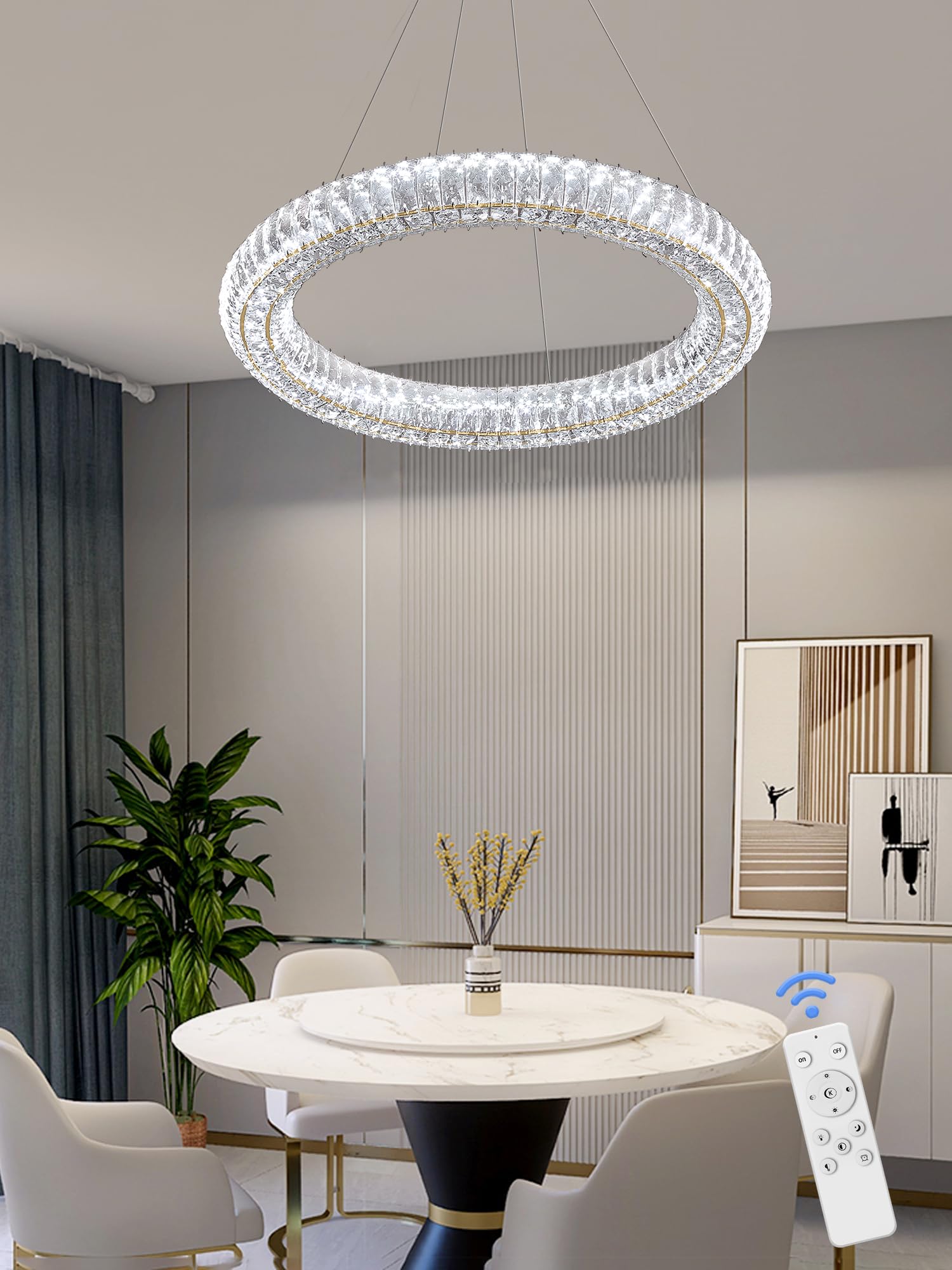 IDEQUY Modern Crystal Chandelier Pendant Light Dimmable LED 23.6in Round Gold CF8022-60J