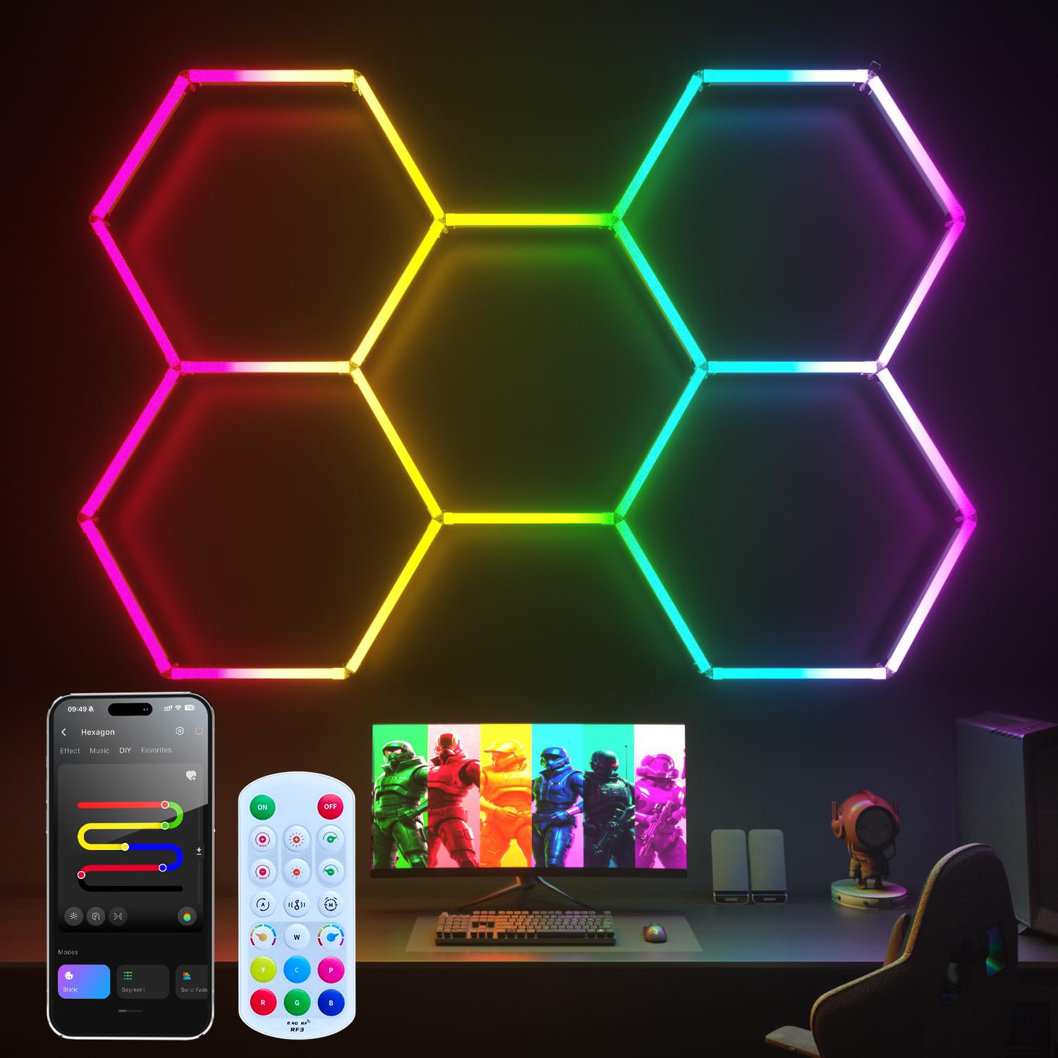 Litezone RGB Hexagon Garage Lights  Music Sync LED Hexagon Lights for Gaming Room  Smart App & Remote Control  DIY Honeycomb Ceiling Light for Studio Gym Basement Deco
