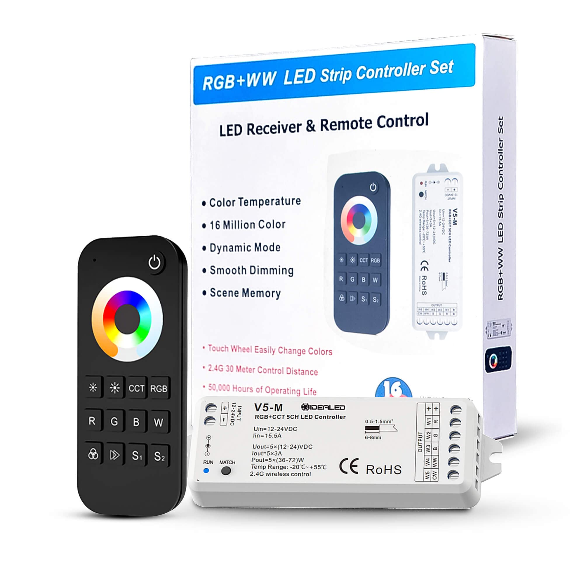 GIDEALED 2.4G Wireless LED Controller with RF Remote, RGBWW/RGB Color Changing, DC12V-24V, Plastic Material