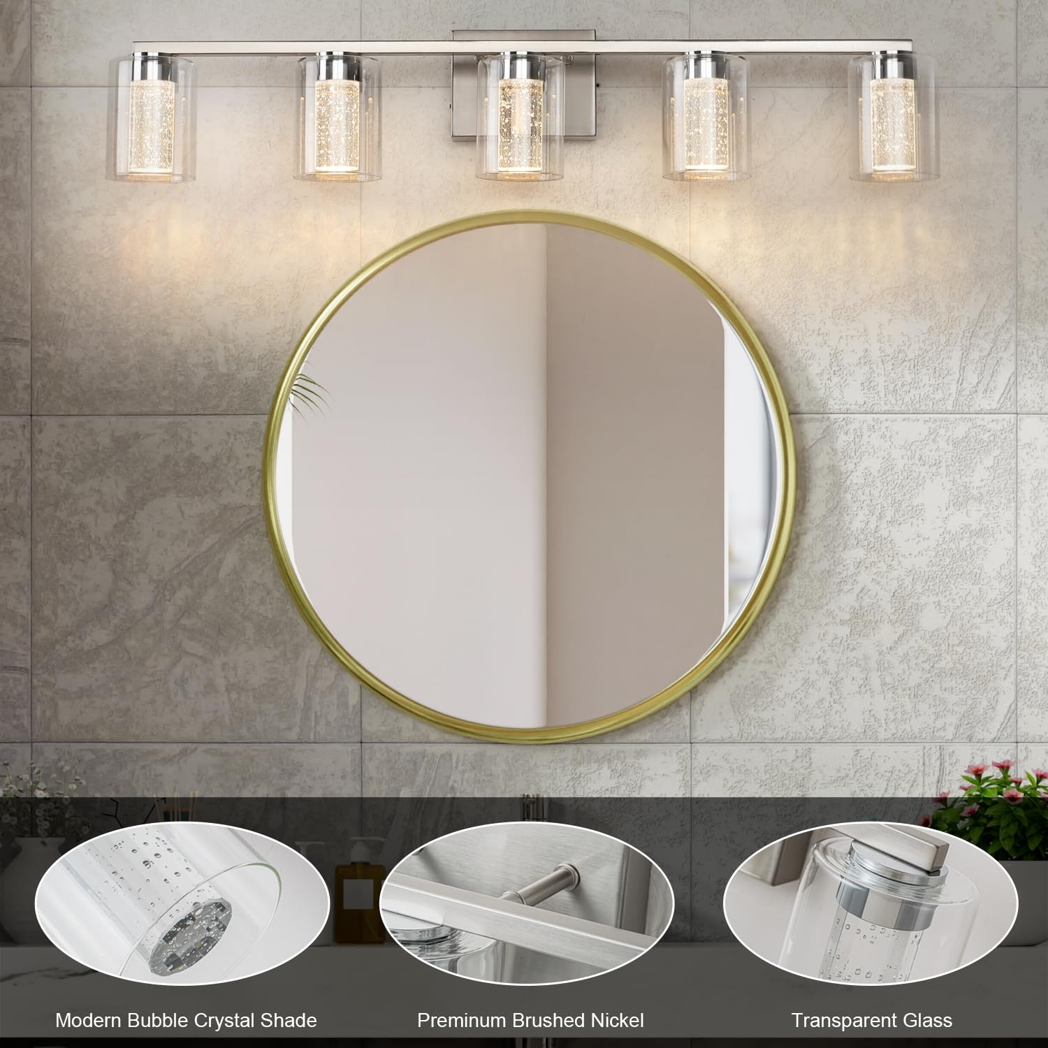 SineRise 5-Light Brushed Nickel Vanity Light, Dimmable LED with 3 Color Modes, Modern Bathroom Fixture, Clear Glass Shade