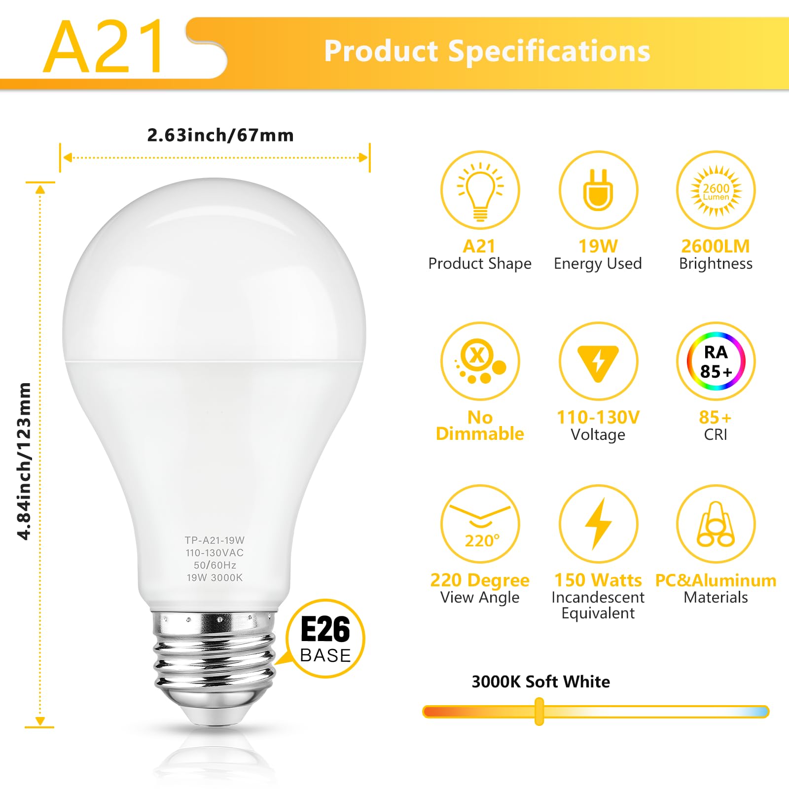 Maylaywood A21 Led Light Bulbs, 150 Watt Equivalent, Soft White 3000K, 2600Lm, E26 Base, Non-Dimmable, 19W Bright White Led Bulb