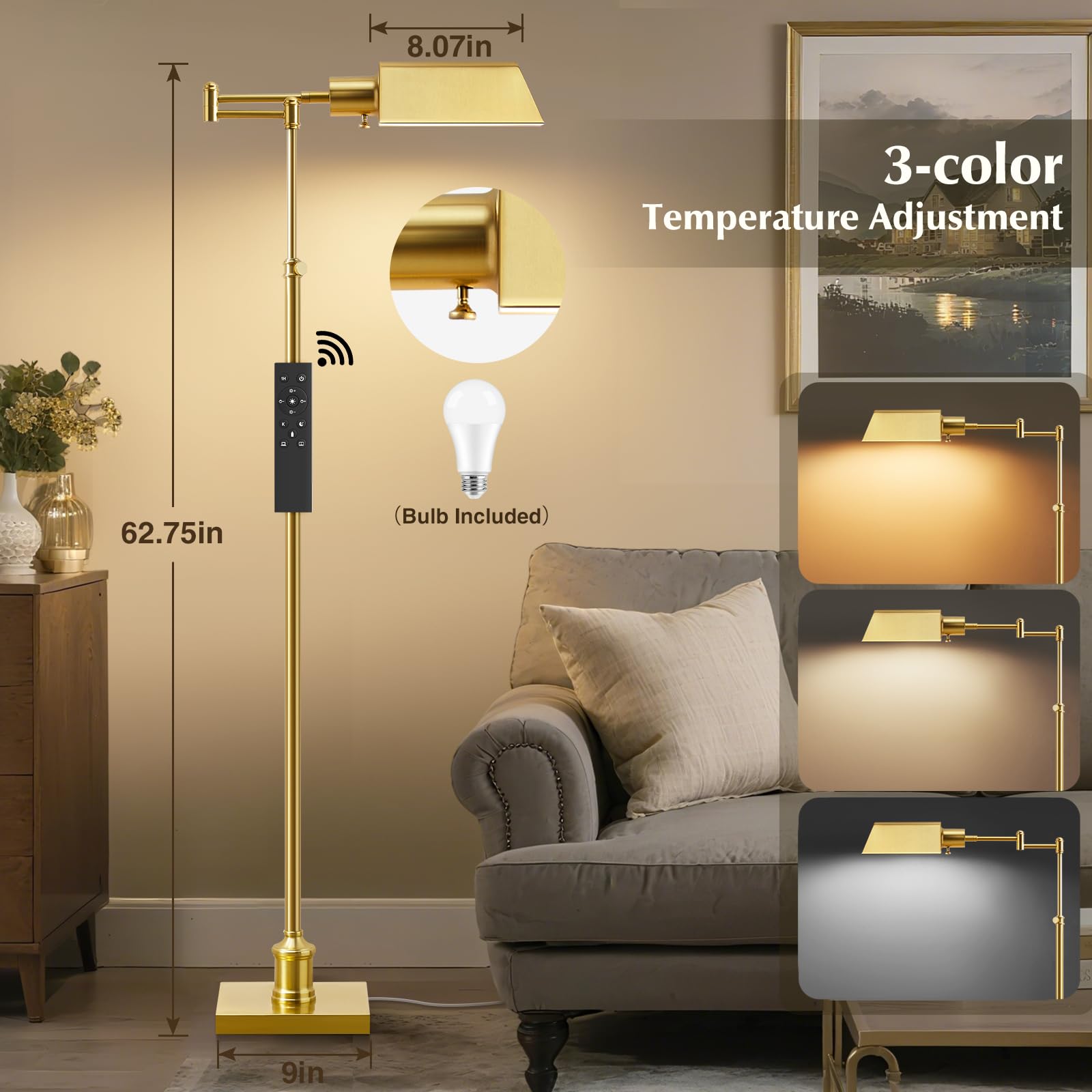 GyroVu Pharmacy Floor Lamp, 350? Swing Arm, 3 Color Temperatures, Metal Shade, 54inH x 9inW x 9inD, Black
