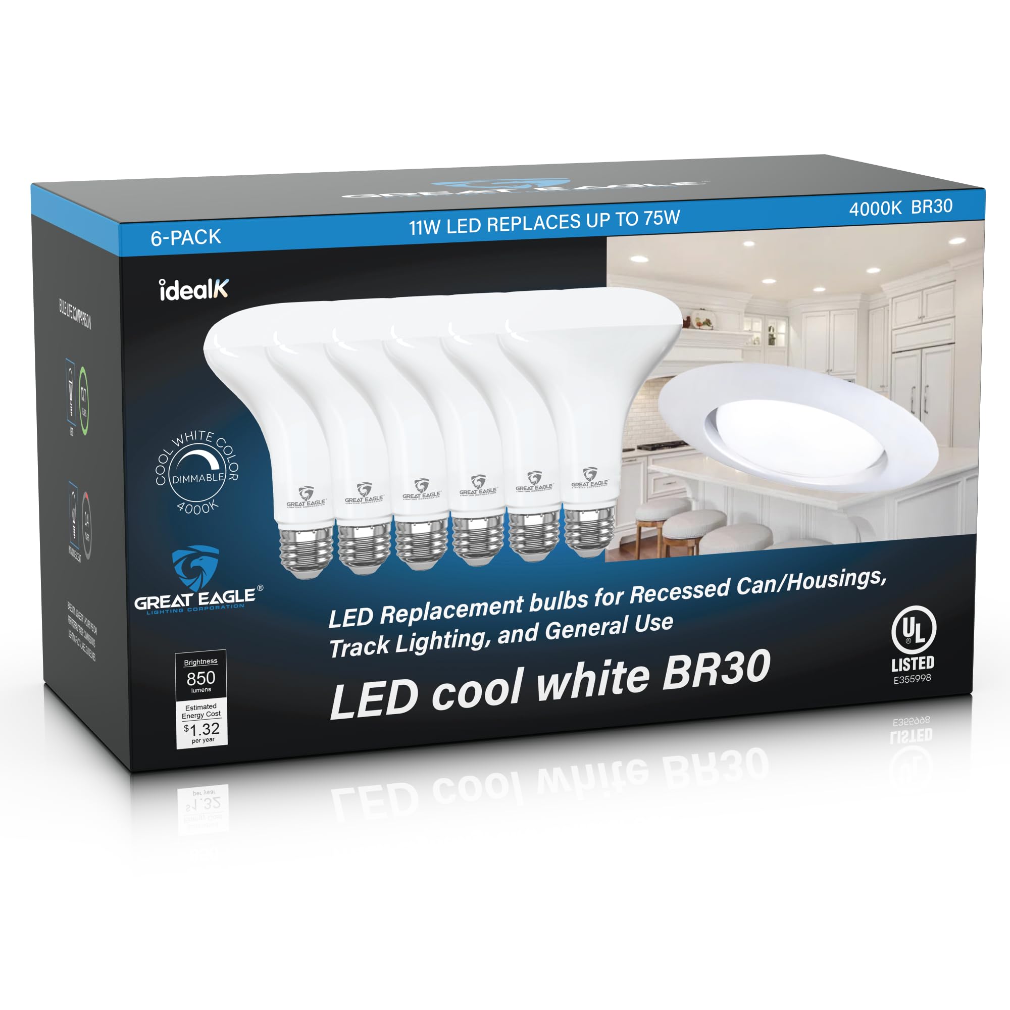 Great Eagle BR30 LED Bulb - 11W (75W Equivalent), 850 Lumens, 4000K Cool White, Dimmable, UL Listed, 6 Count Pack