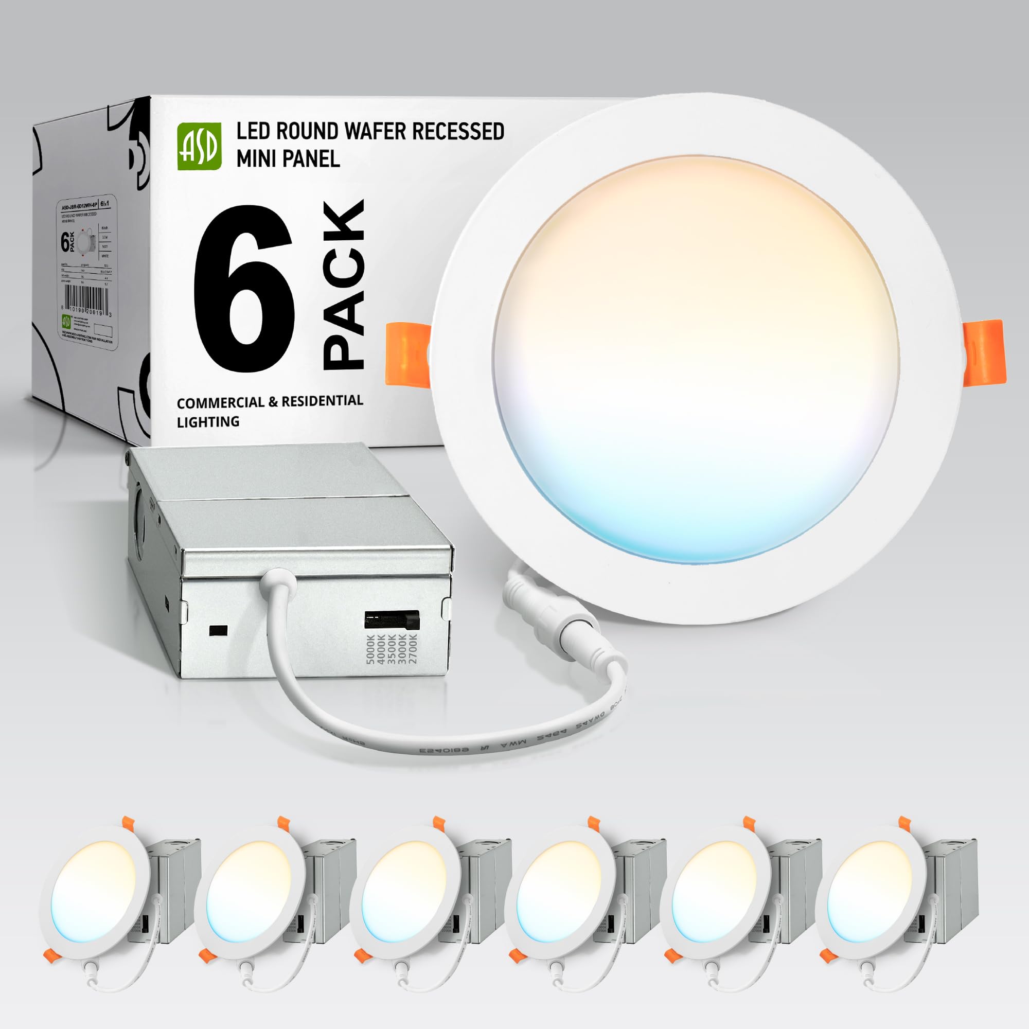 Asd 6 Pack Led Recessed Lighting 6 Inch 12W  5 Cct 2700K-5000K Cri90+  Ic Rated Ultra Thin Dimmable Ceiling Lights With J Box  Canless Wafer Downlight  Round Slim Panel Light  Energy Star Etl  White