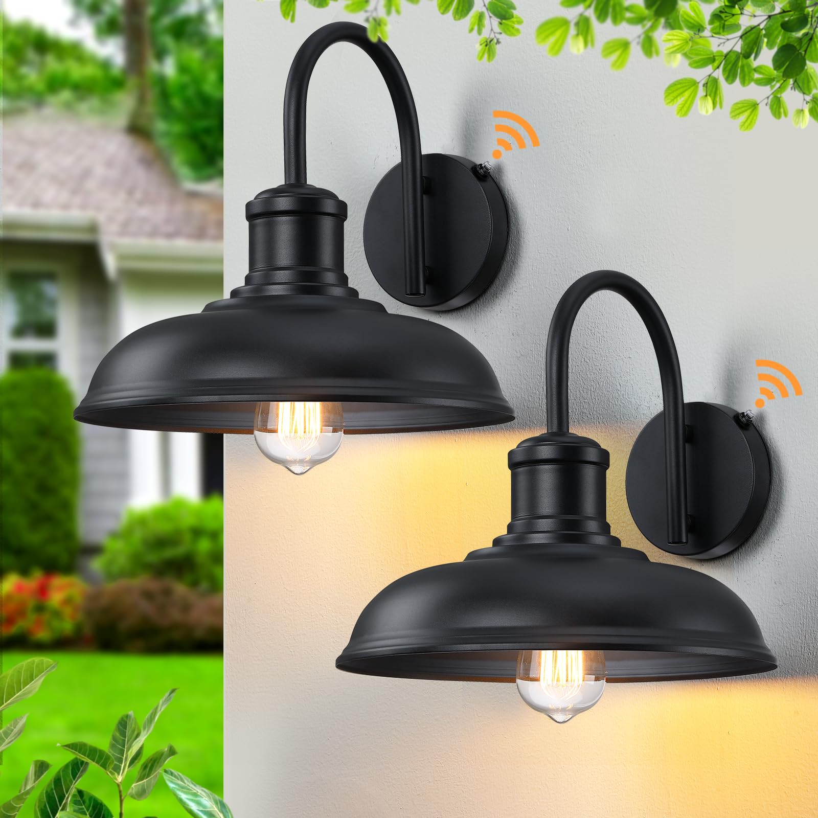 MYHXQ 12 Diameter Large Dusk to Dawn Outdoor Gooseneck Barn Light  2-Pack Outdoor Wall Sconce Farmhouse Exterior Light Wall Lighting Fixture Industrial Black Wall Lantern for Porch  Garage  Black