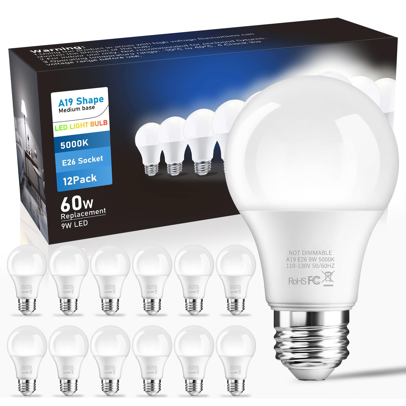 Btbhiho 12-Pack A19 Led Light Bulbs 60W Equivalent 806 Lumens, 9W 5000K Warm White Non-Dimmable, No Flicker, Super Bright Cri85+
