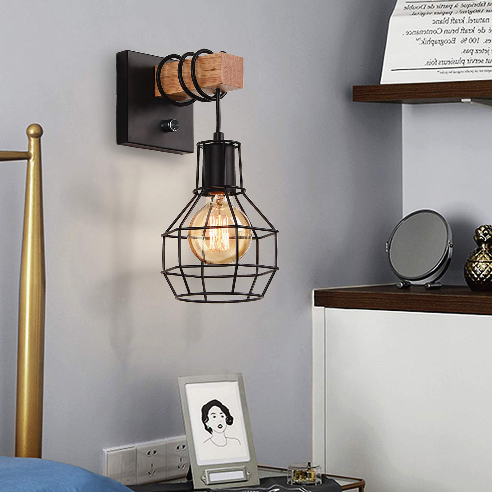 Lightess Black Wall Sconces, Industrial Cage Design, Dimmer ON/OFF Switch, Metal, Model LG9871215