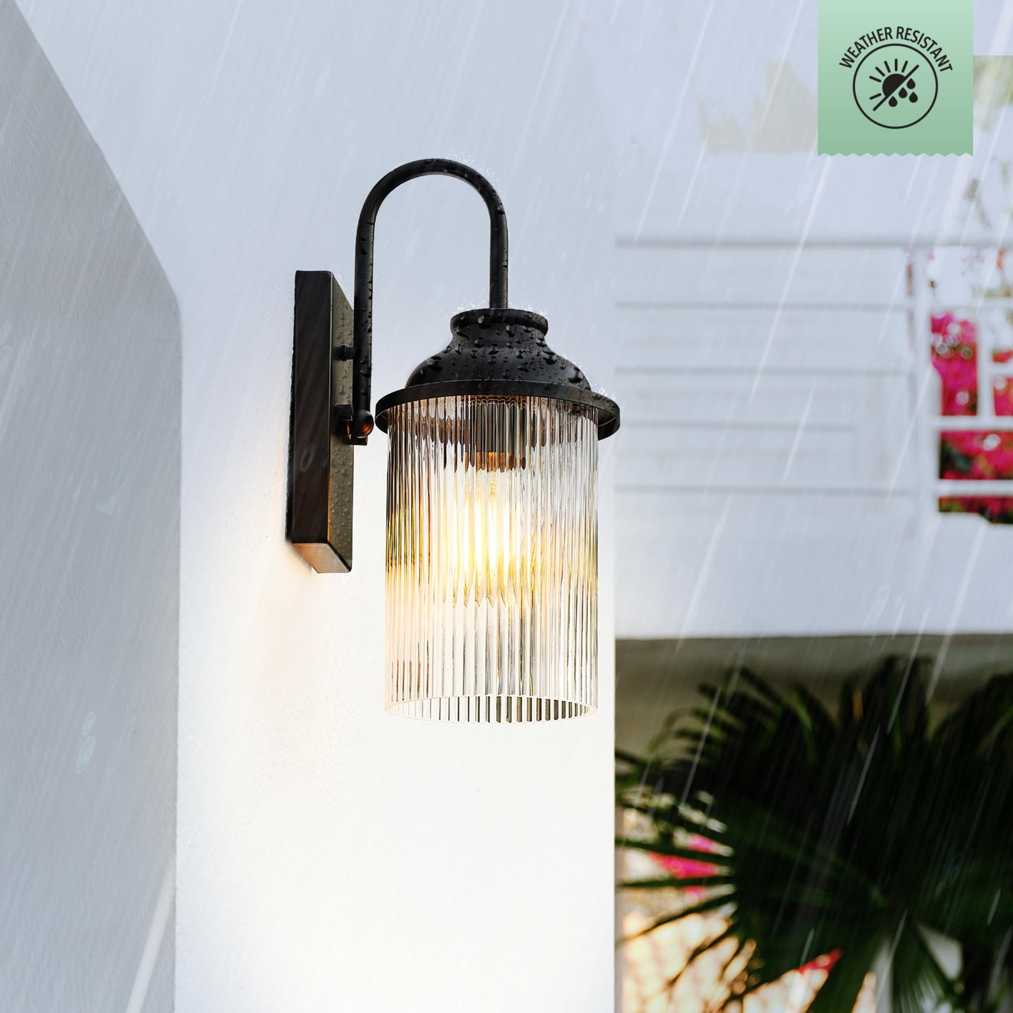 Globe Electric 1-Light Outdoor Wall Sconce, Matte Black, Ribbed Glass Shade, Model 60000027