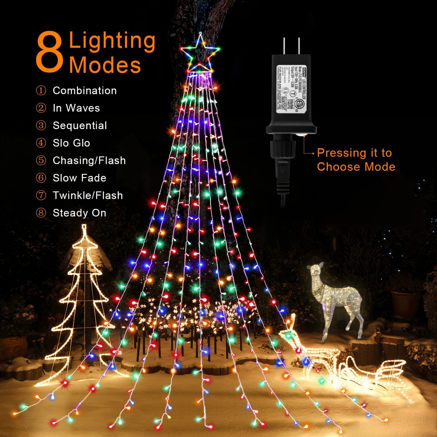 Miniao 320 Led Christmas Star String Lights, 13&quot; Topper, 8 Modes, Indoor/Outdoor, Multicolor