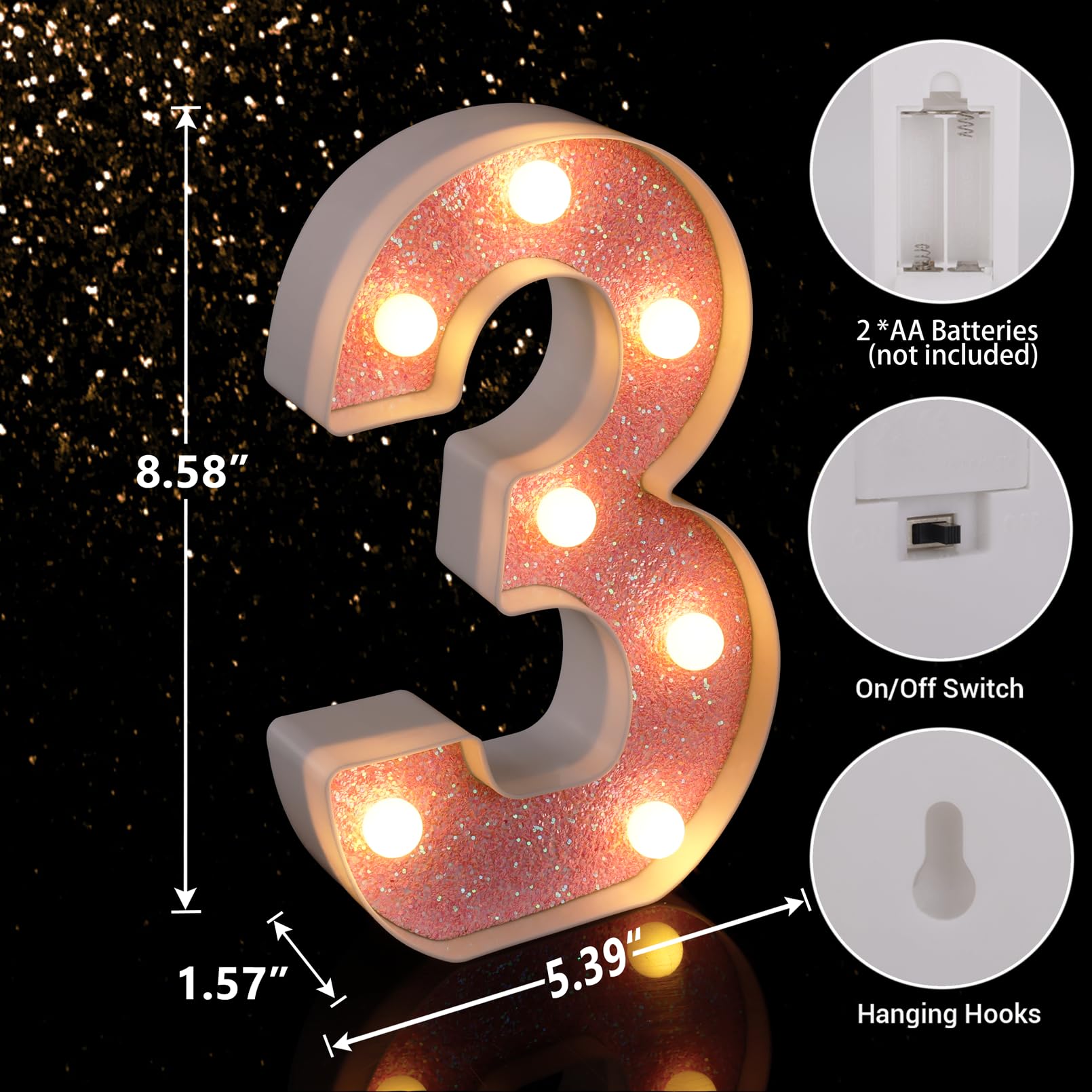 TRONSBOO LED Letter Light, Pink Glitter Marquee Sign, Battery Powered, 5.39in x 8.58in x 1.57in, Model Pink-Light-3, Ideal