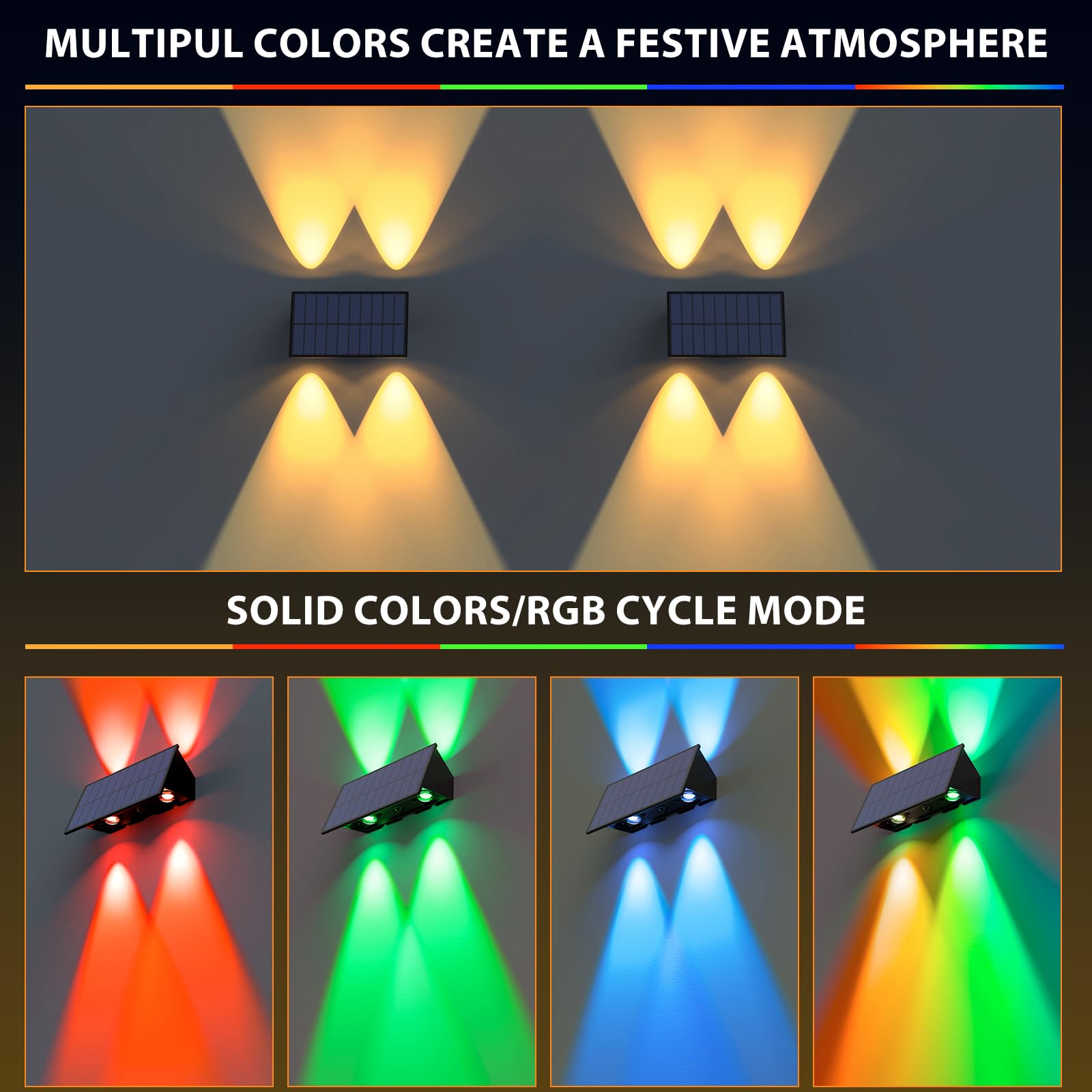 Solar Fence Lights,16Pack Solar Lights Outdoor Warm White + Rgb Up & Down Solar Wall Lights Waterproof 100 Lumens Dusk To Dawn S