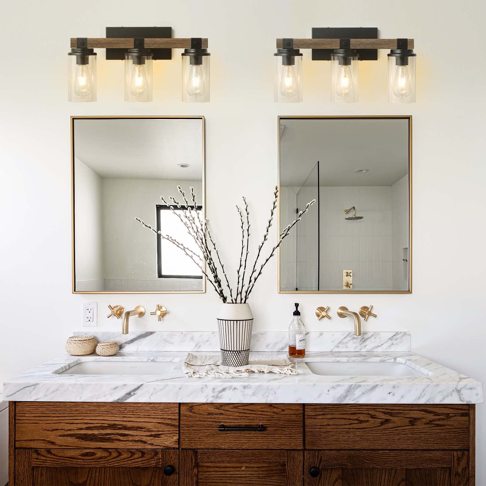 Goyeel 3-Light Bathroom Vanity Light, Rustic Wooden Farmhouse Sconces For Mirror, Matte Black