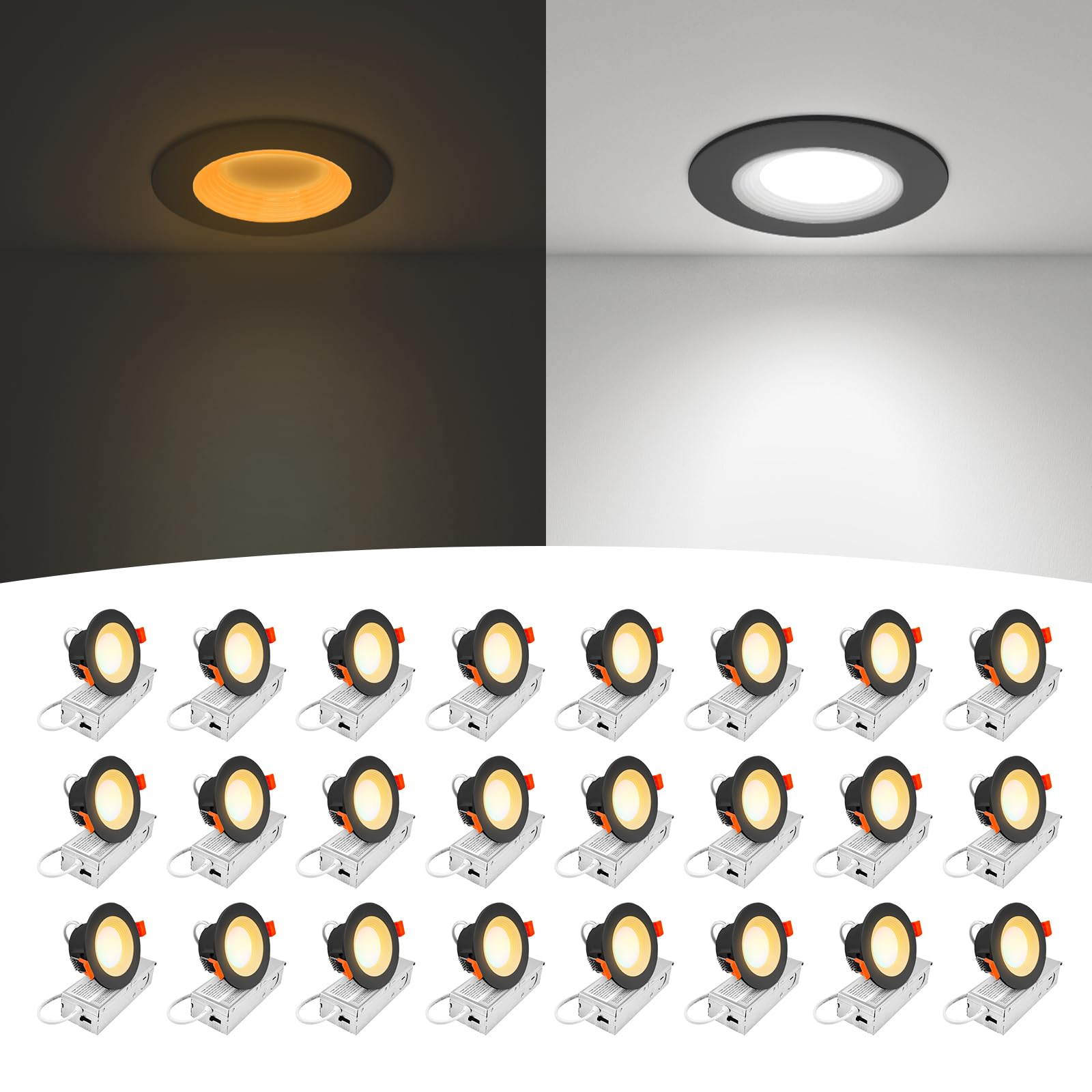 Comiled 24-Pack 3 Inch Anti-Glare Recessed LED Downlight with Night Light, Deep Baffle Design, Dimmable, 2700K-5000K 5CCT Select
