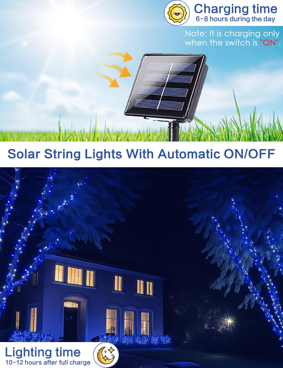 BHCLIGHT Solar String Lights, 80FT 200 LED, Waterproof, Blue and White, 8 Modes, 2 Pack