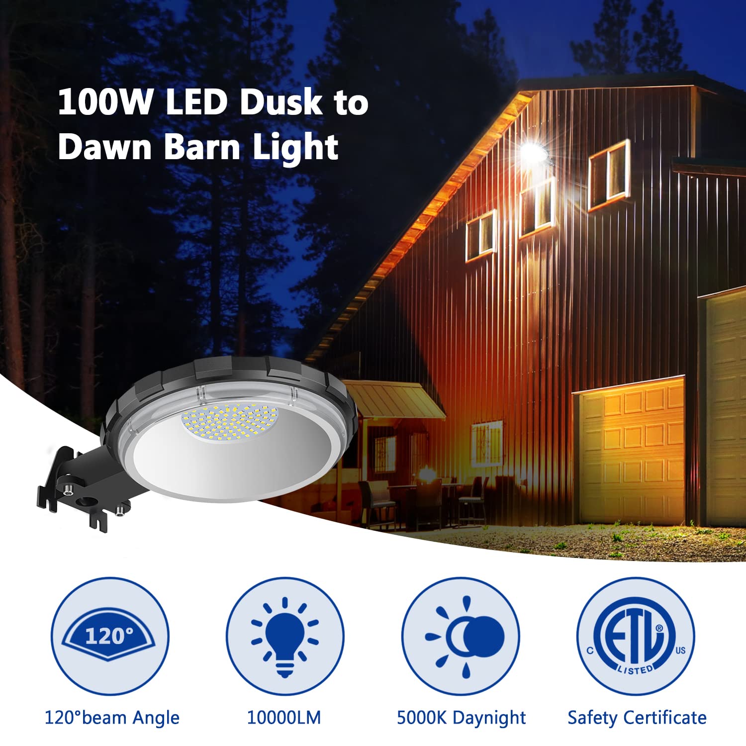 Karjoefar LED Barn Light - 100W 10000LM Dusk to Dawn Outdoor Security Light, IP65 Waterproof, 2Pack, Black