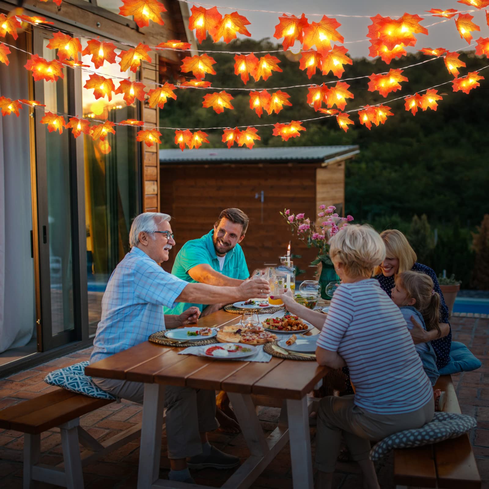 BBPOOL 20Ft Fall Garland String Lights - 40 LED Lighted Maple Leaves for Thanksgiving & Halloween Decor (2 Pack) - White