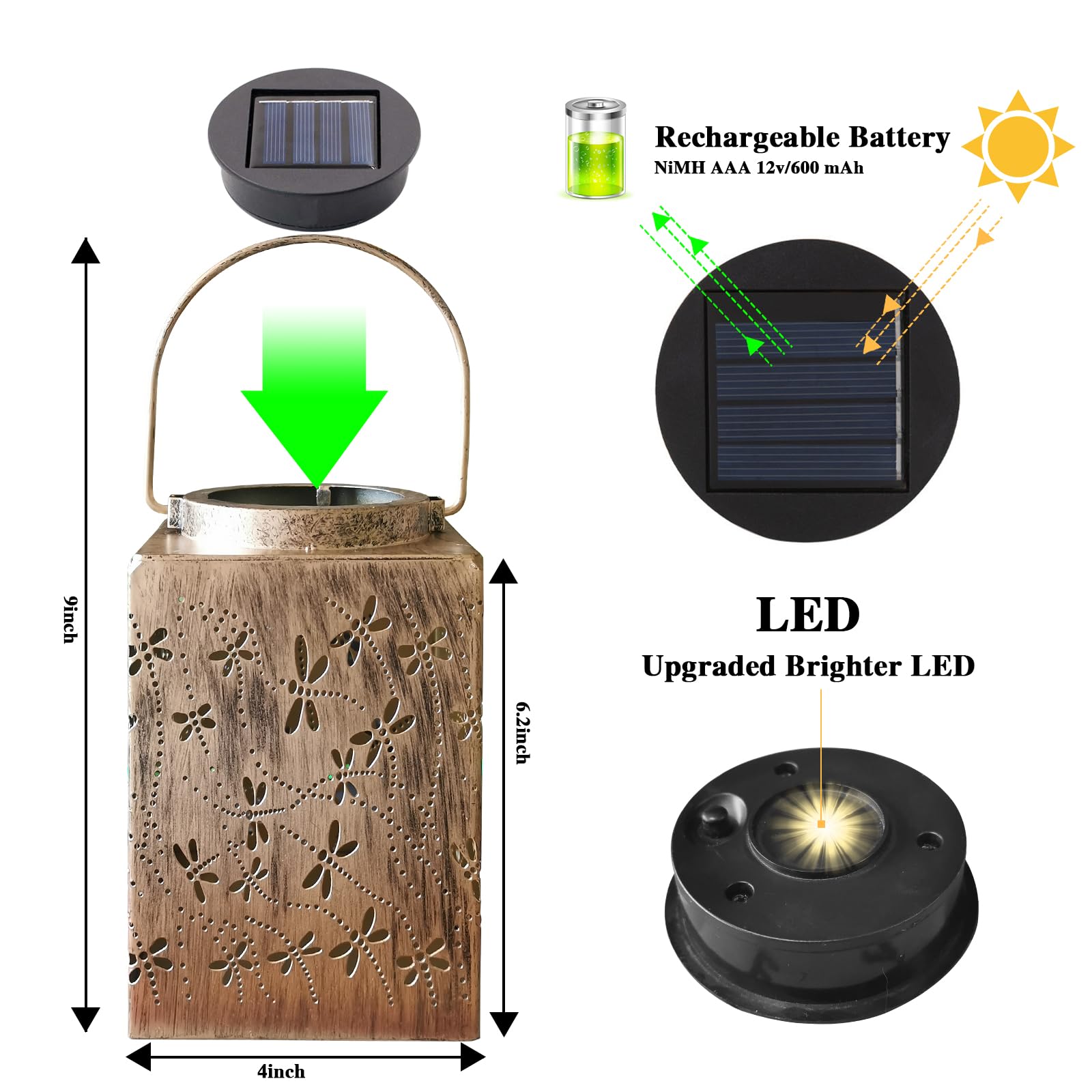 2 Pack Solar Lanterns - Waterproof Metal Hanging Solar Lights Outdoor Decorative, Solar Powered LED Lamp for Patio Tabletop Porc