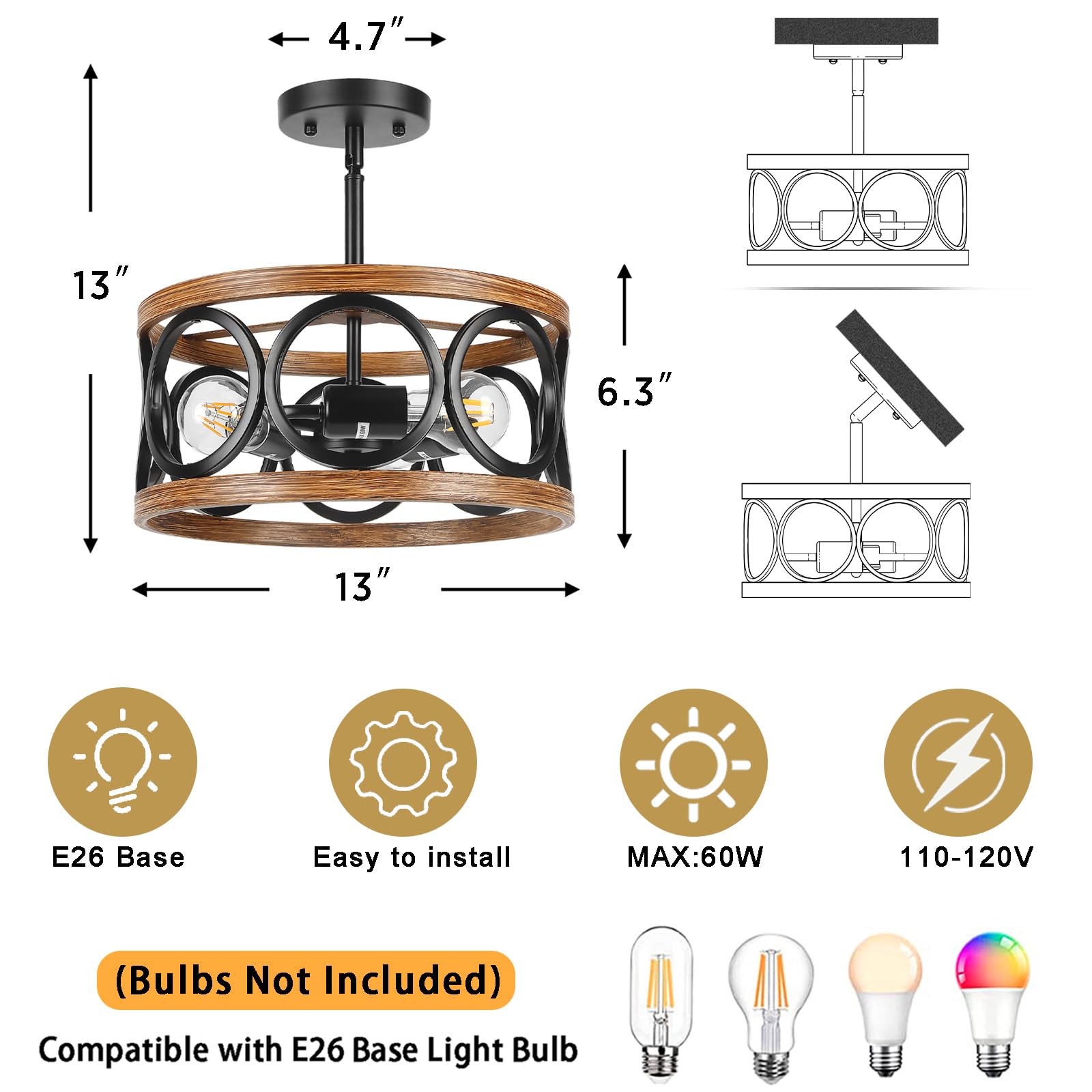Qianzhan Farmhouse Semi Flush Mount Ceiling Light Fixtures, 3-Light Black Ceiling Light Rustic Light Fixtures For Hallway Entran