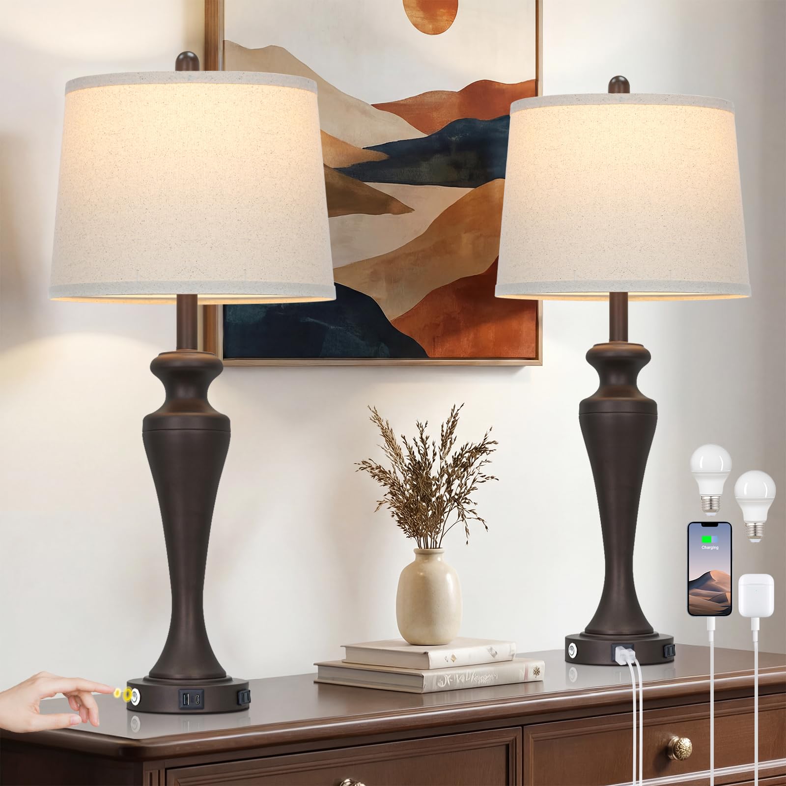 Ruzectt 30 Inch Brown Table Lamps Set of 2  3-Way Touch Control Bedside Lamp with USB A+C Ports and AC Outlet  Tall Living Room Lamps for End Table  Classic Coffee Bedroom Lamp for Night Stand Desk