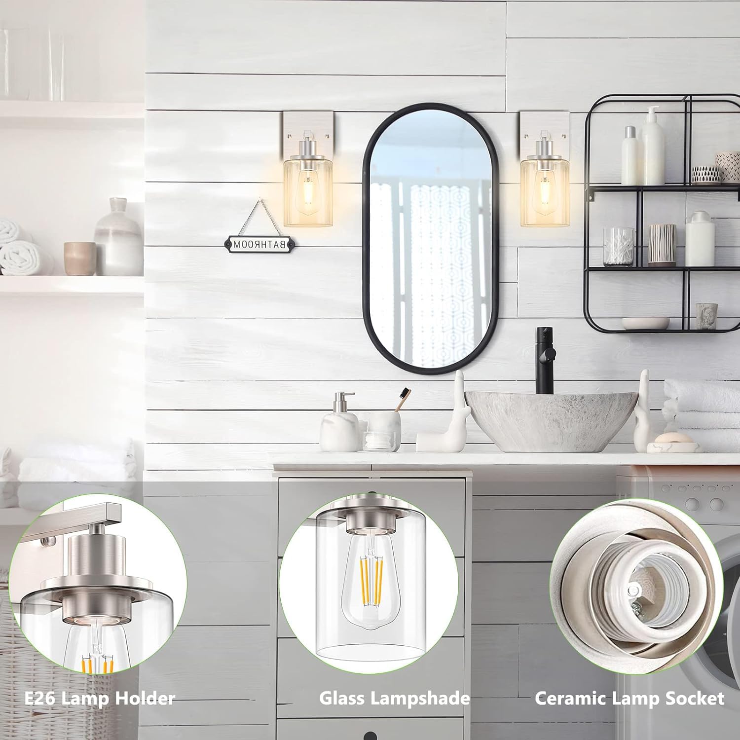 Licperron Wall Sconces Set of Two, Brushed Nickel, Metal, Clear Glass Shade, Industrial Design, Bathroom Vanity Lighting