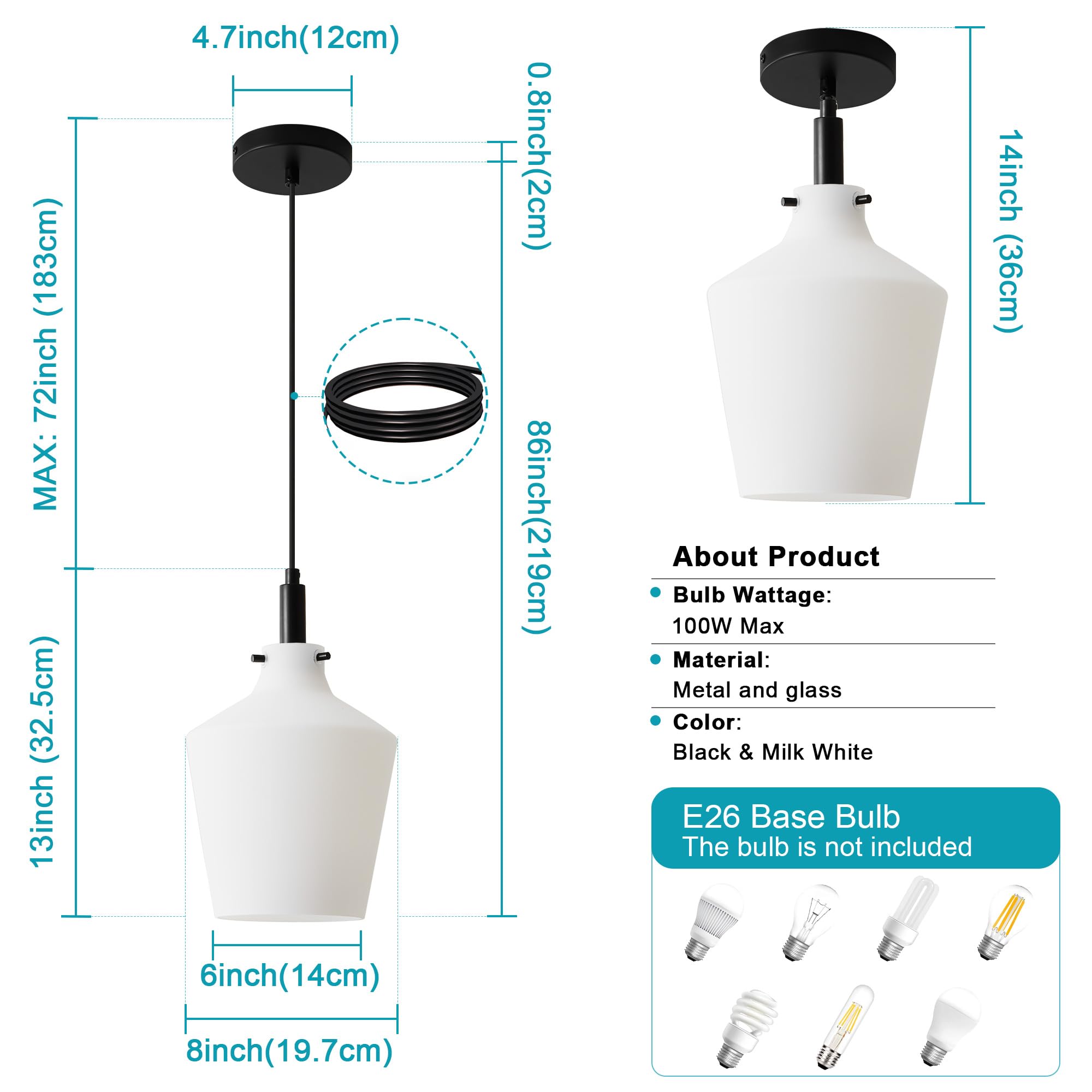 Vaziden Modern Milk Glass Pendant Lighting For Kitchen Island, Farmhouse Black Pendant Light Fixtures 1 Pack, Adjustable Hanging