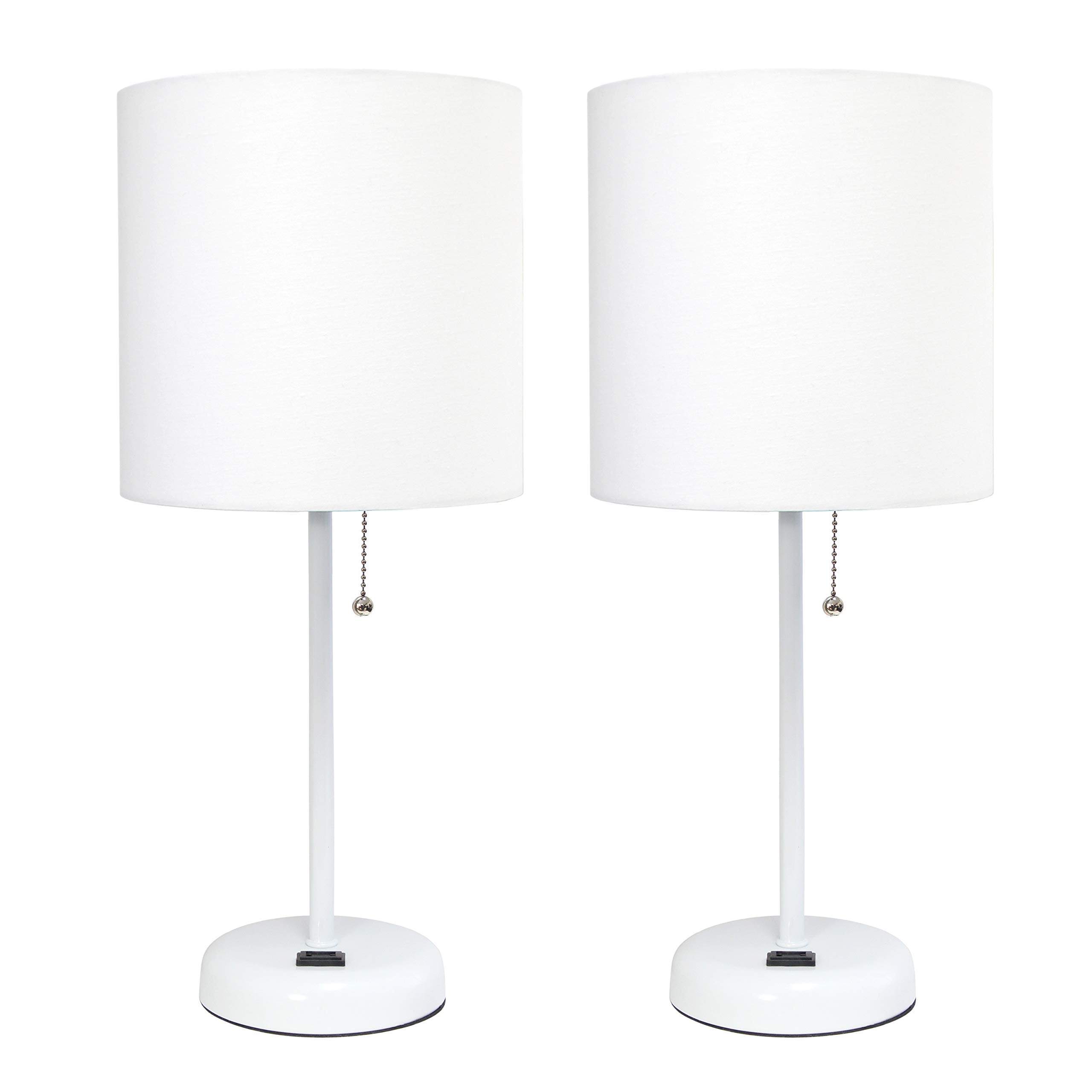 Simple Designs Lc2001-Wow-2Pk White Stick Table Lamp Set With Charging Outlet And White Fabric Shades, 2 Pack Set
