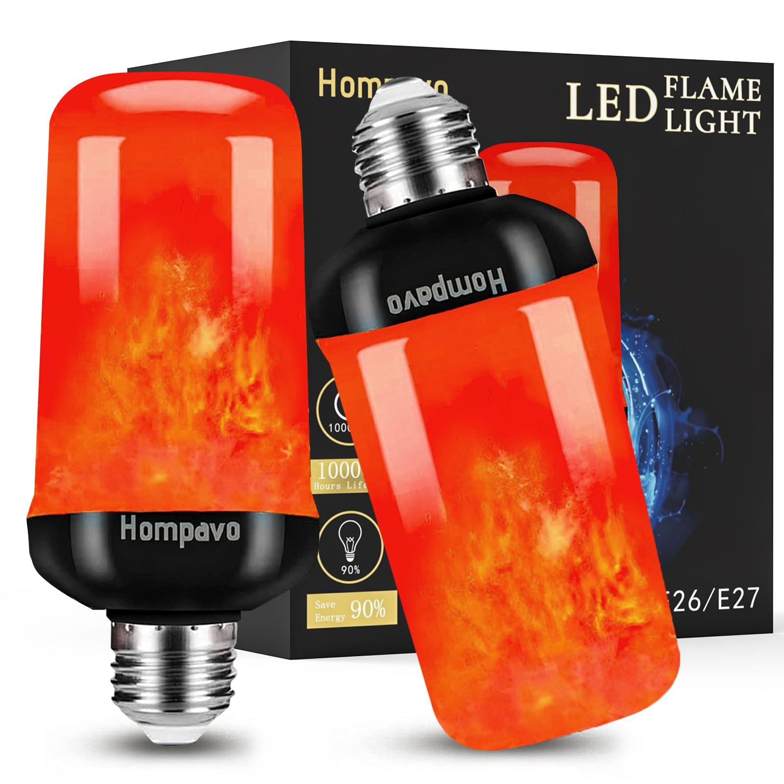 Hompavo ?Upgraded LED Flame Light Bulbs, 4-Mode Flickering Light Bulbs with Upside Down Effect, E26/E27 Flame Bulb for Halloween Christmas Party Indoor and Outdoor Home Decoration - 2 Red