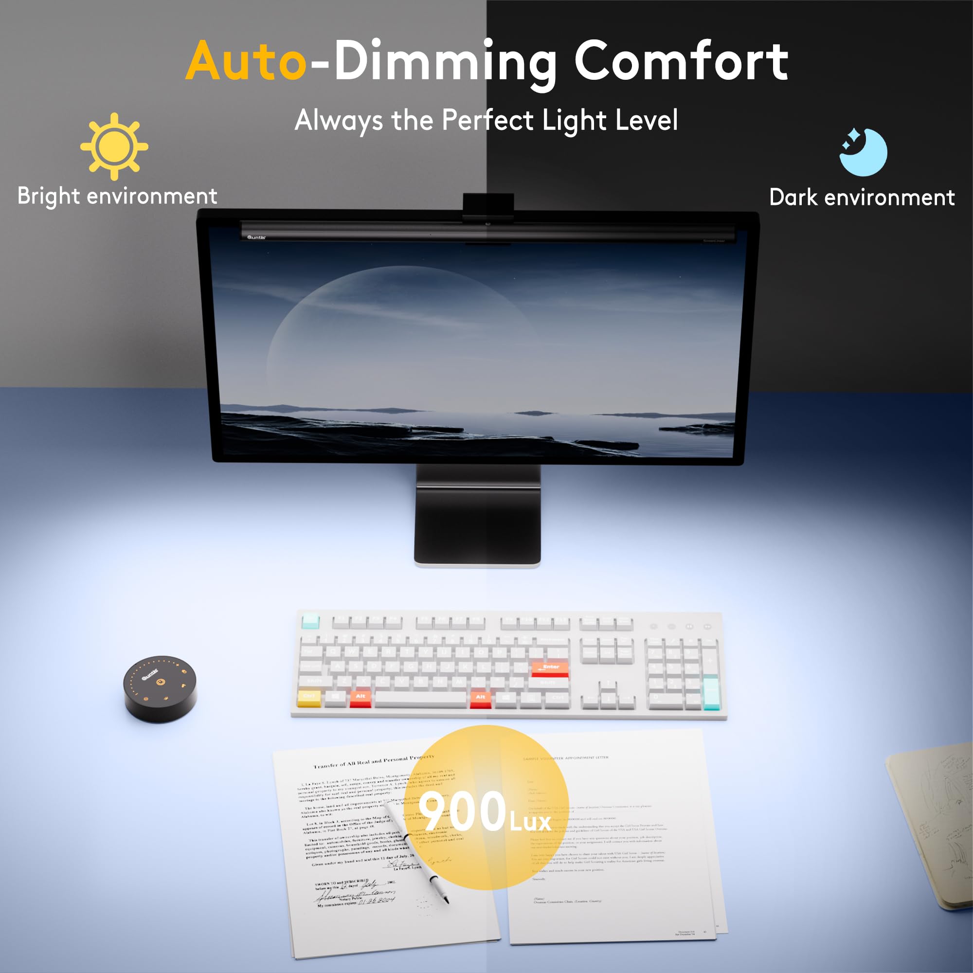 Quntis Computer Monitor Light - Radar Motion Sensor, Eye-Care, Remote Control, Stepless Dimming, Gray, Model LI-HY-0209-GY