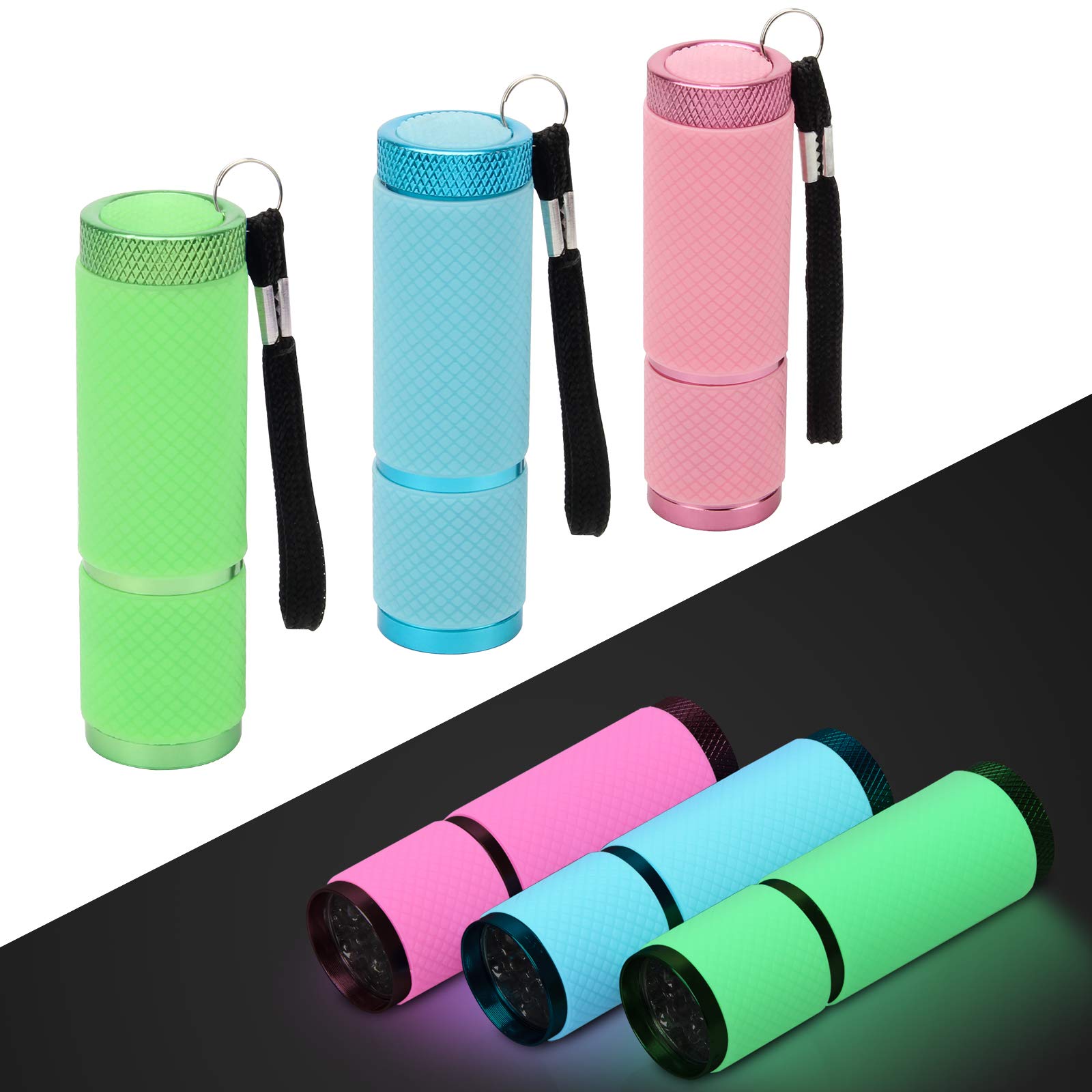 AHIER 9 LED Glow in Dark Flashlights, Rubber Coated, Portable Handy Lights for Camping & Hiking, Assorted Colors, Model ALLC-ButtonLED-4P