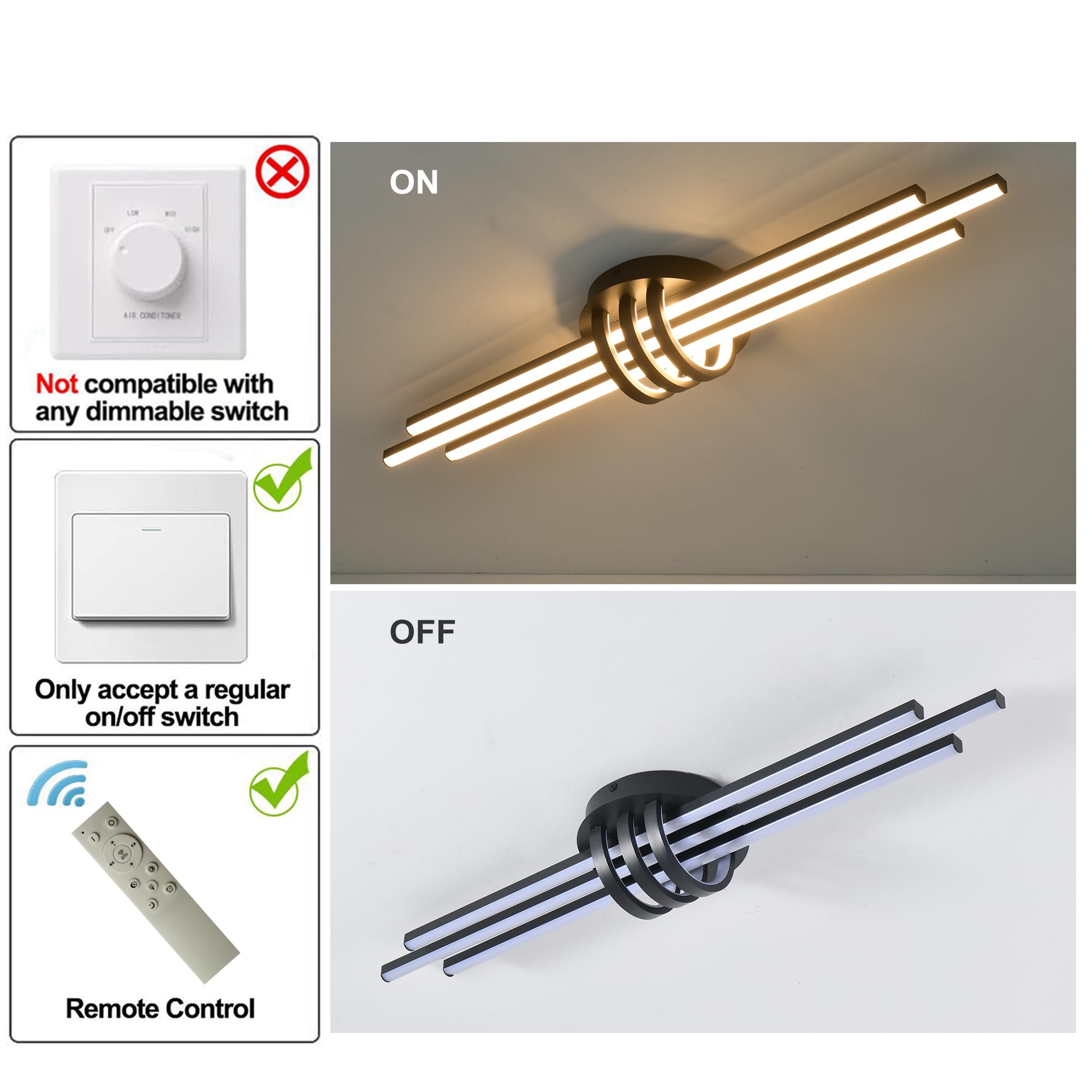 Garwarm Modern Ceiling Light Fixture,39.4 Inch Black Kitchen Lights Ceiling, Linear Dimmable Led Chandelier Remote Control For D