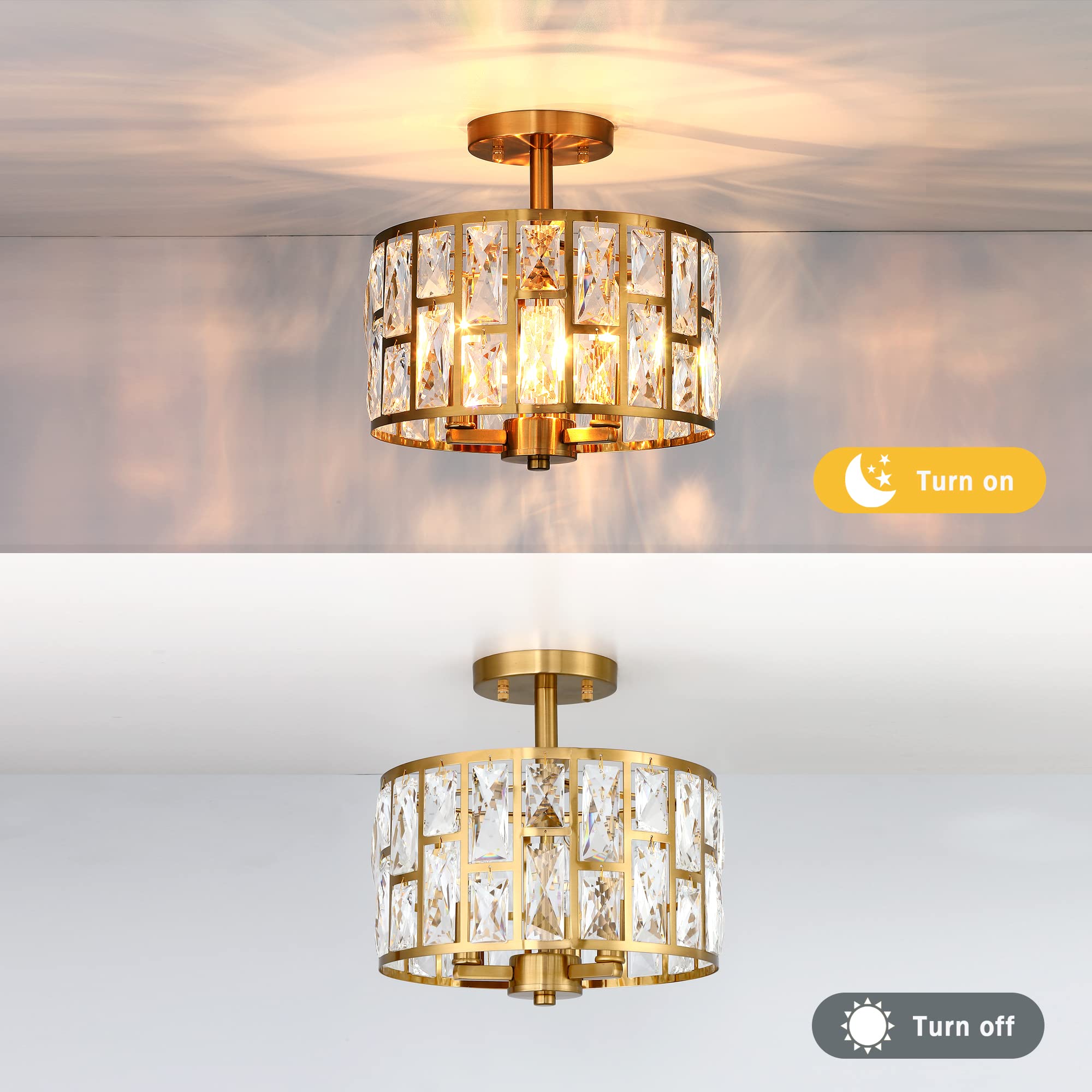 Mexo Gold Crystal 3-Light Semi Flush Mount Ceiling Light Fixture For Kitchen And Living Room